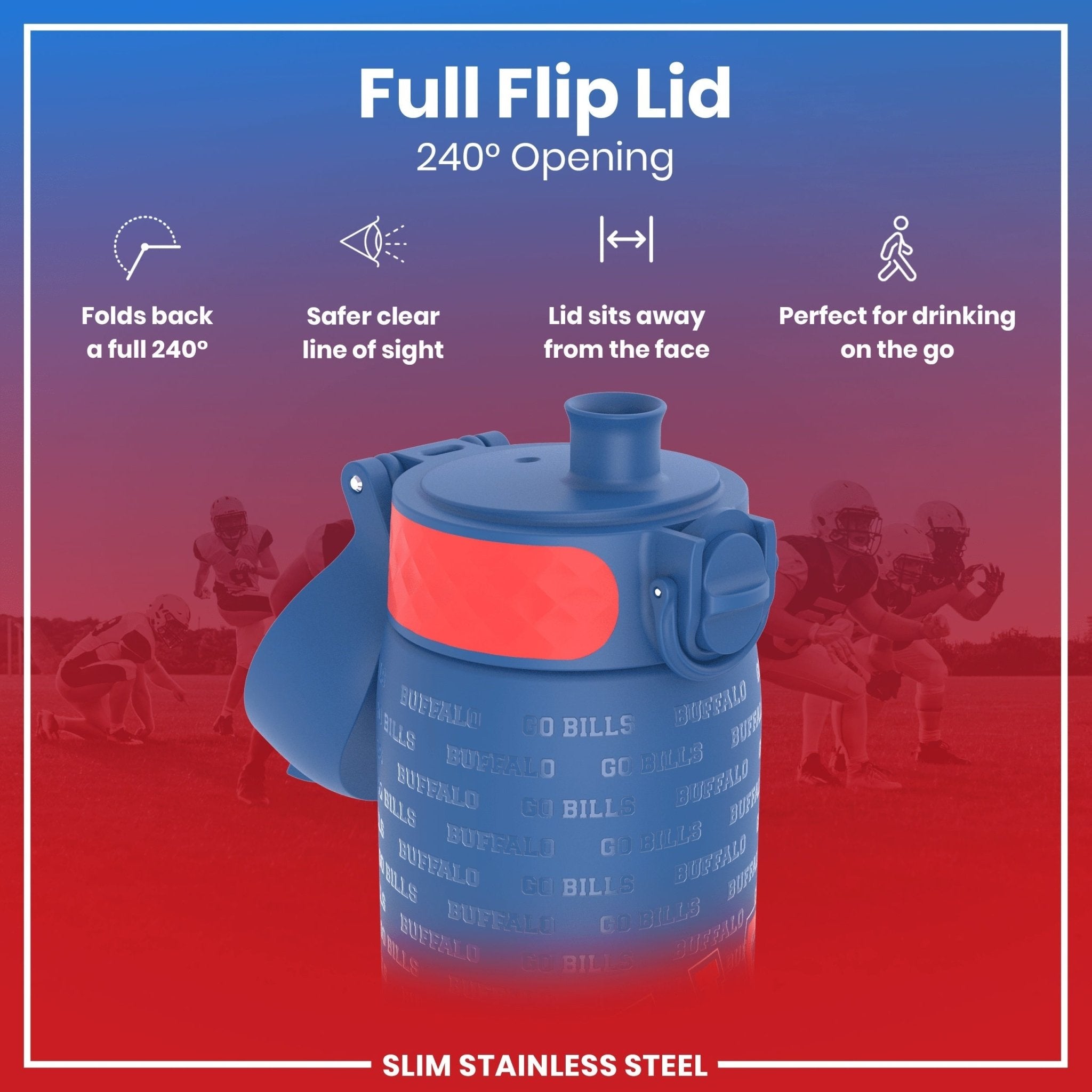 Ion8 stainless steel NFL water bottle featuring Buffalo Bills logo, leak-proof design, 600ml (20oz) capacity for sports and outdoor use.
