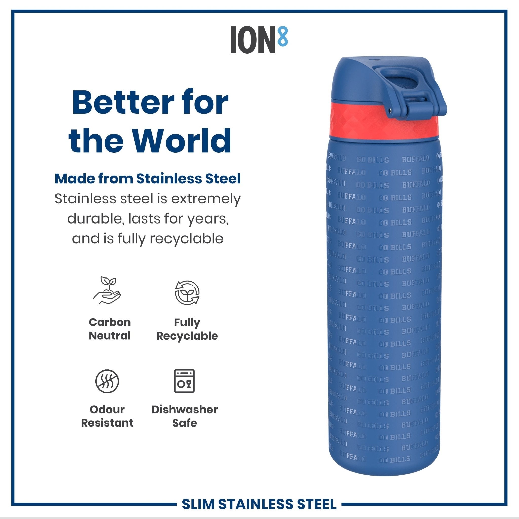Ion8 stainless steel NFL water bottle featuring Buffalo Bills logo, leak-proof design, 600ml capacity, durable and portable.