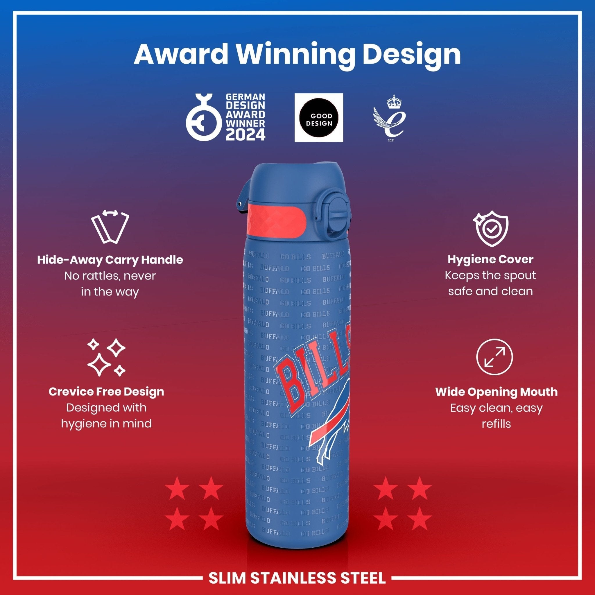 ION8 leak-proof NFL stainless steel water bottle featuring Buffalo Bills logo, 600ml capacity, durable and portable design