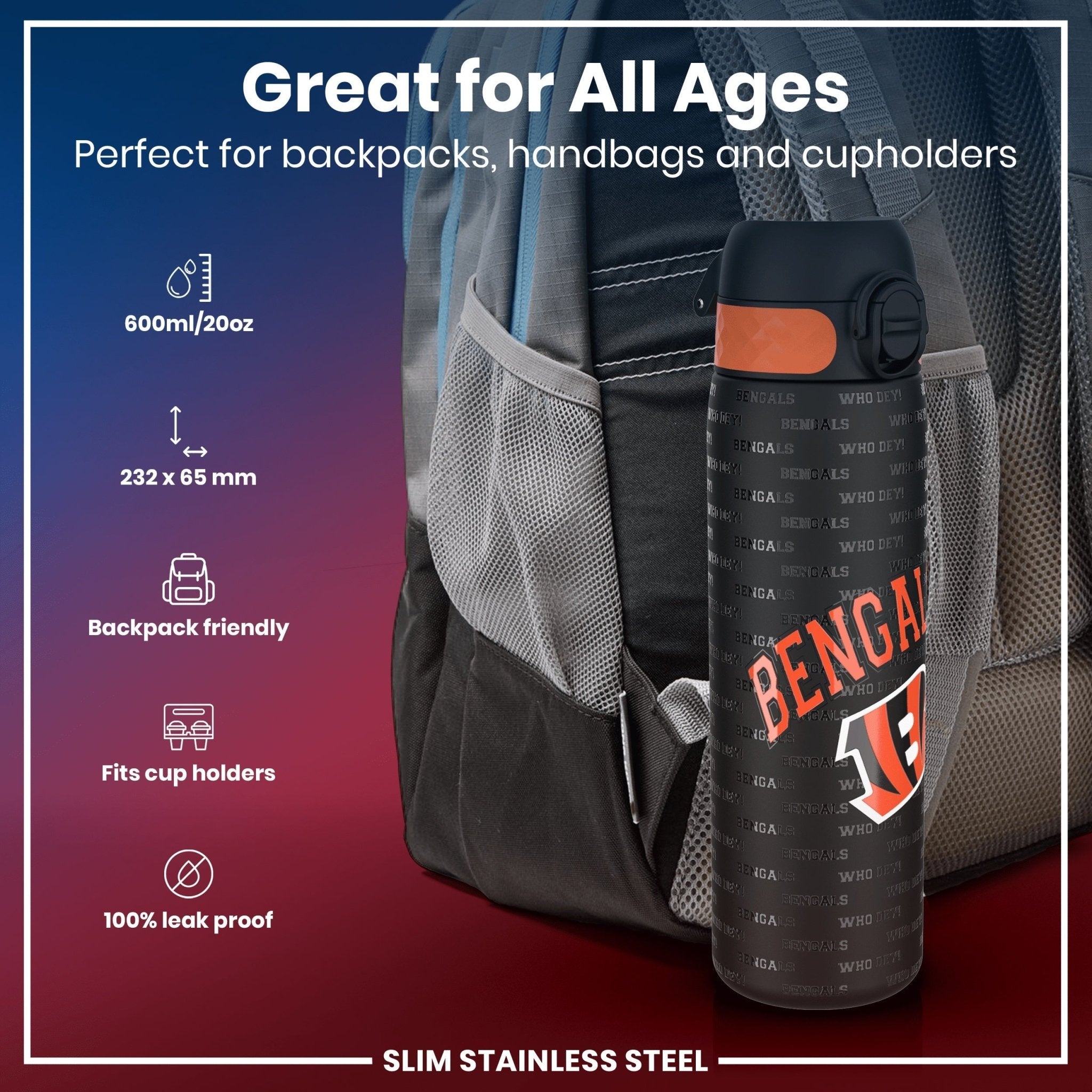 ION8 stainless steel NFL water bottle featuring Cincinnati Bengals logo, leak-proof design, 600ml capacity, 20oz.