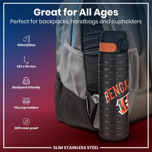 ION8 stainless steel NFL water bottle featuring Cincinnati Bengals logo, leak-proof design, 600ml capacity, 20oz.