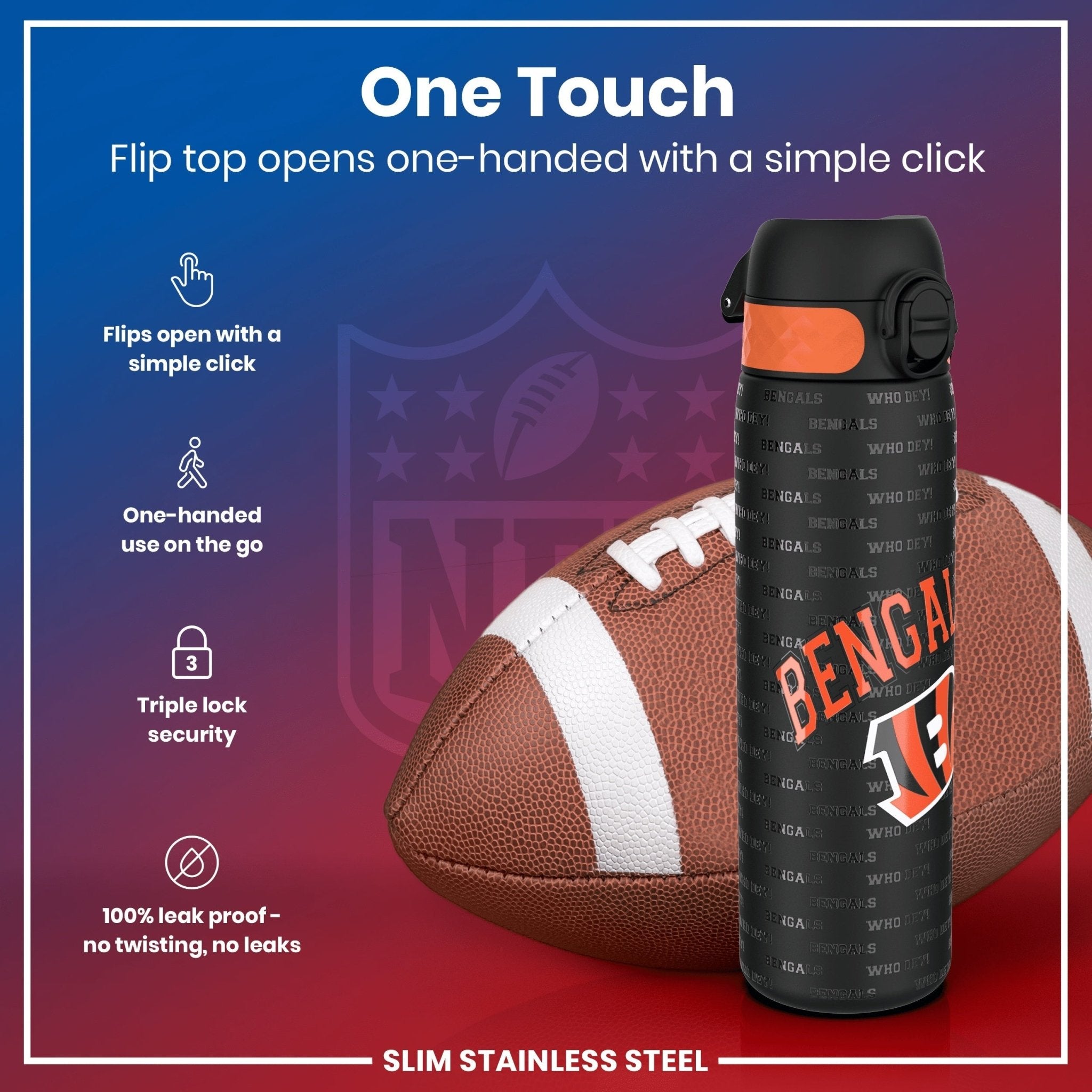 ION8 stainless steel NFL water bottle featuring Cincinnati Bengals logo, leak-proof design, 600ml capacity, 20oz sports water bottle