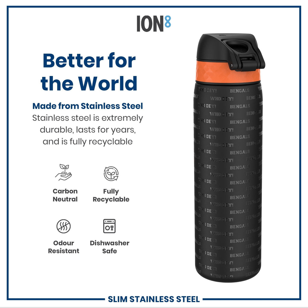 Ion8 stainless steel NFL water bottle featuring Cincinnati Bengals logo, leak-proof 600ml (20oz) steel water bottle for fans