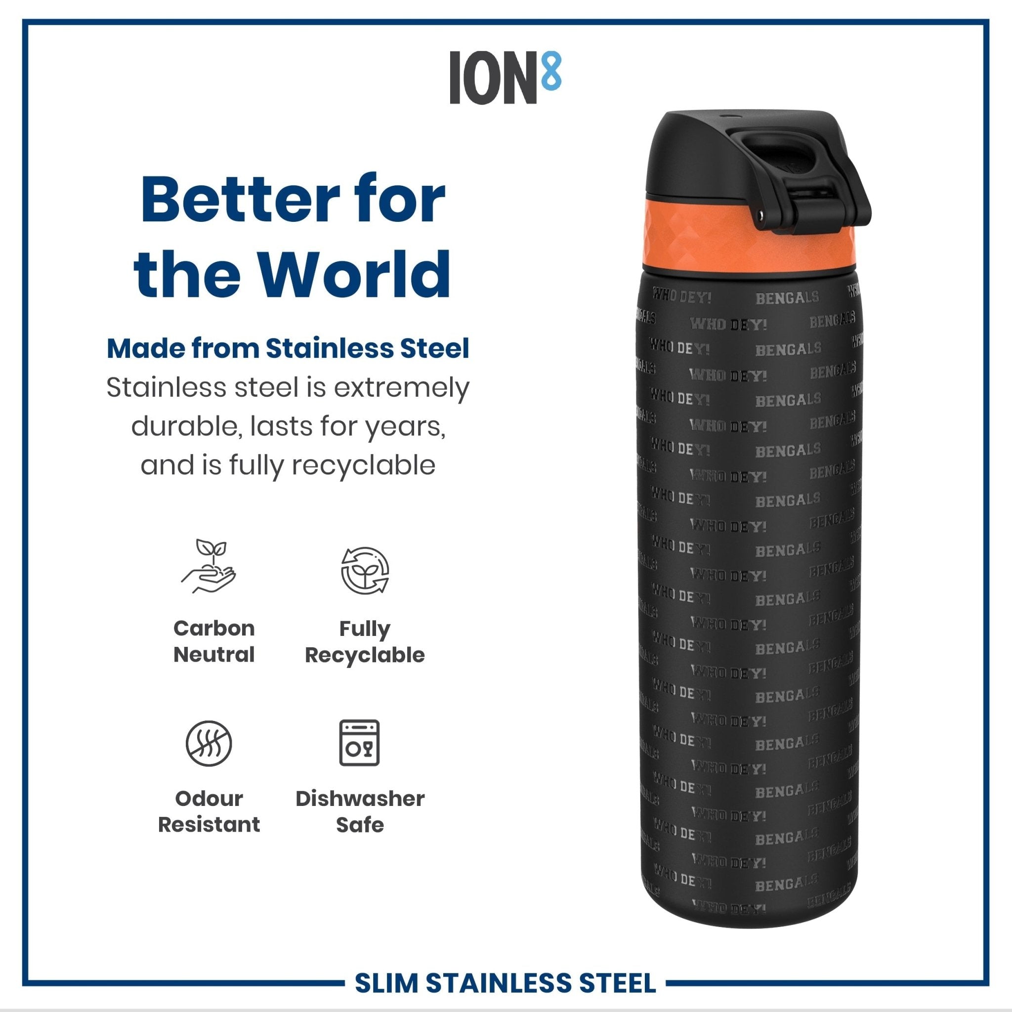 Ion8 stainless steel NFL water bottle featuring Cincinnati Bengals logo, leak-proof 600ml (20oz) steel water bottle for fans