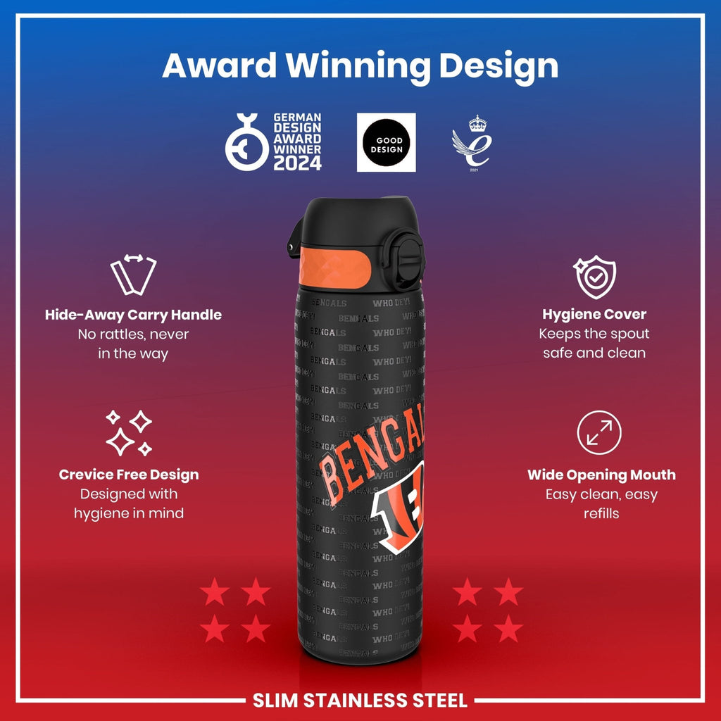 Stainless steel NFL water bottle featuring Cincinnati Bengals logo, 600ml capacity, leak-proof design by ION8.