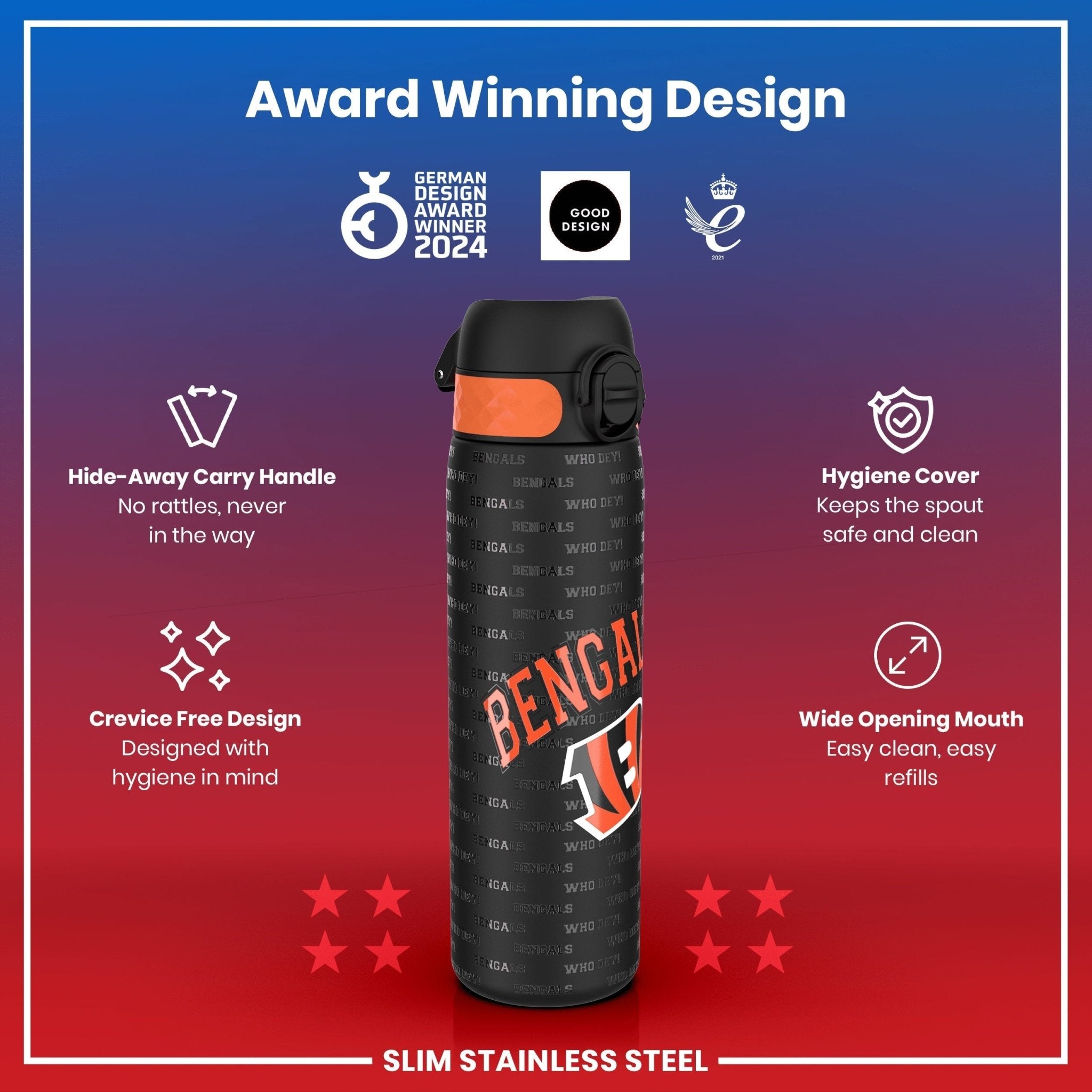 Stainless steel NFL water bottle featuring Cincinnati Bengals logo, 600ml capacity, leak-proof design by ION8.