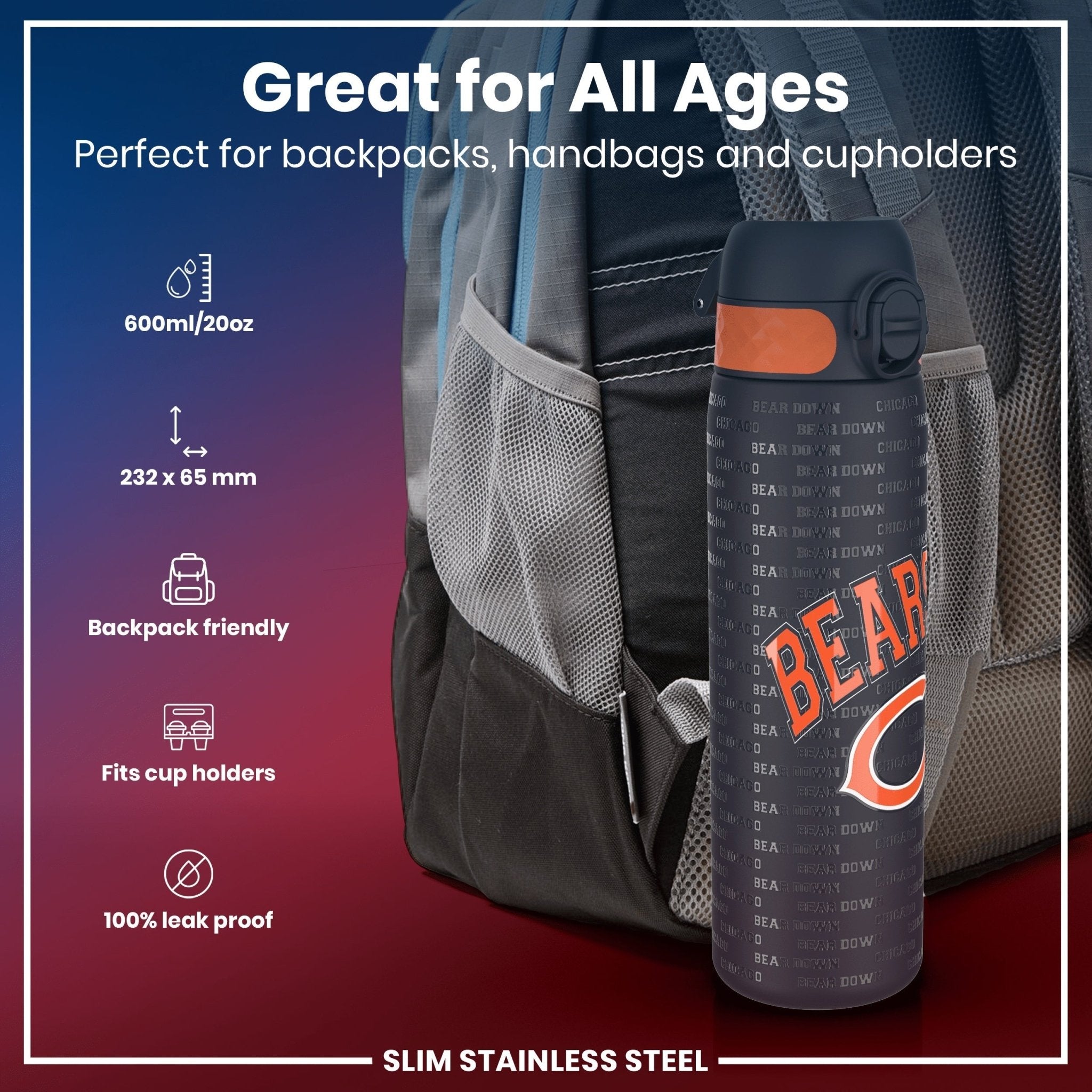 Ion8 stainless steel NFL water bottle featuring Chicago Bears logo, 600ml leak-proof design, perfect for sports and outdoor use.