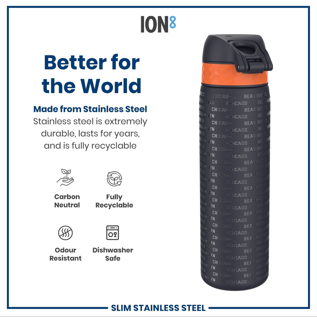ION8 stainless steel NFL water bottle featuring Chicago Bears logo, leak-proof design, 600ml capacity, durable sports drink container.