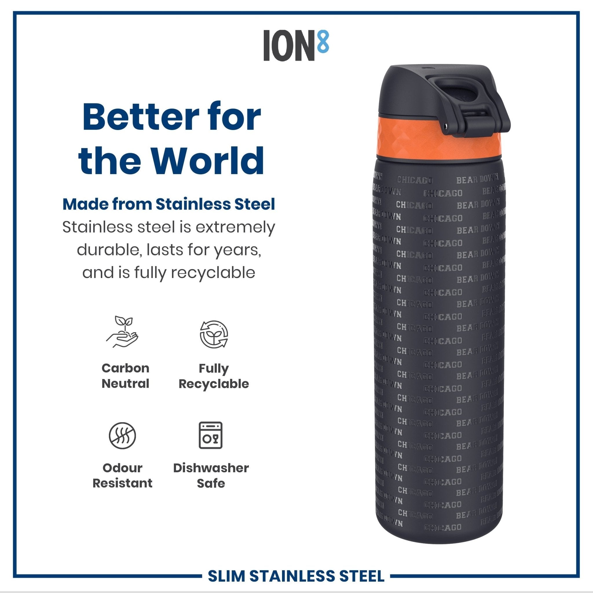 ION8 stainless steel NFL water bottle featuring Chicago Bears logo, leak-proof design, 600ml capacity, durable sports drink container.
