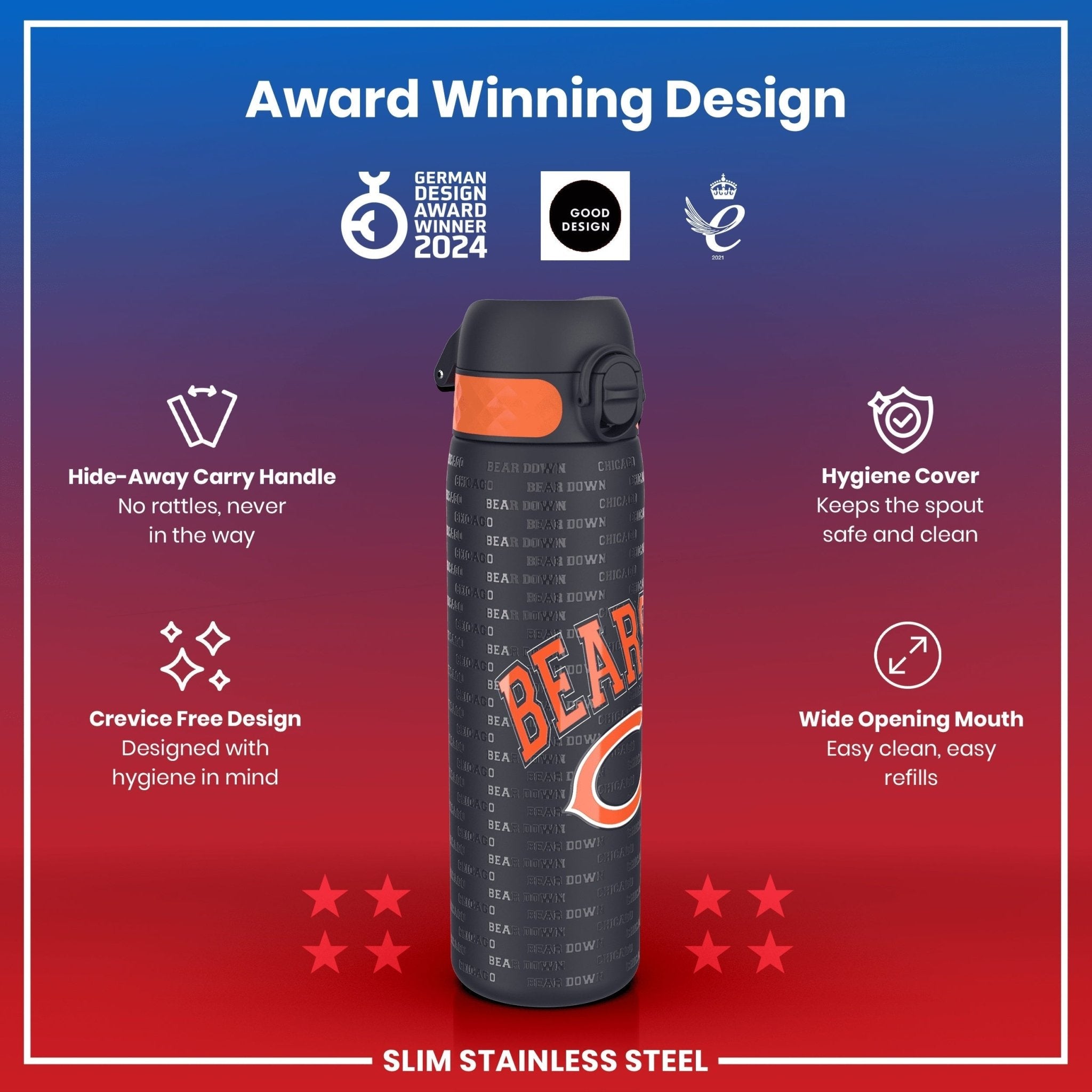 ION8 stainless steel NFL water bottle featuring Chicago Bears logo, leak-proof design, 600ml capacity, durable and stylish.