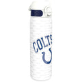 ION8 stainless steel NFL water bottle featuring Indianapolis Colts logo, leak-proof design, 600ml (20oz) capacity.