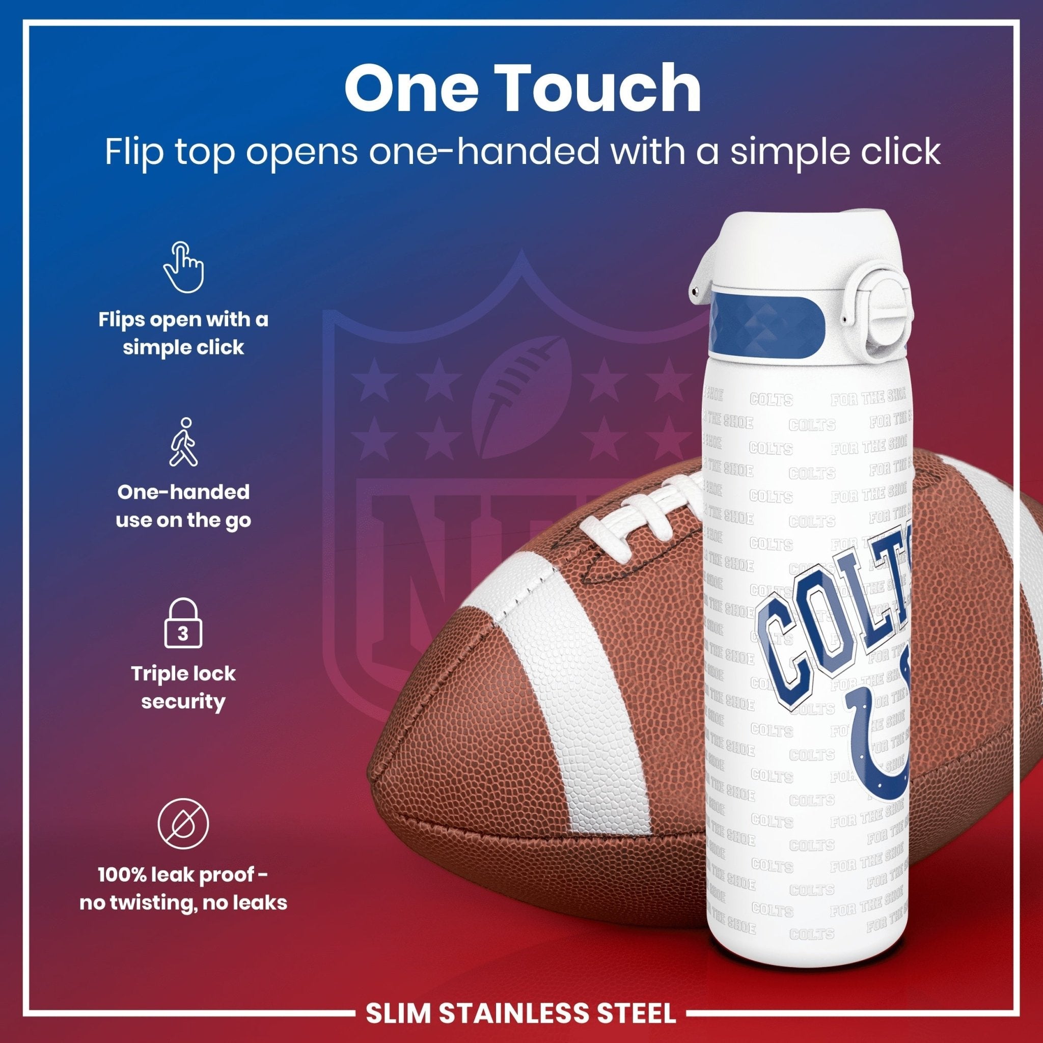 ION8 stainless steel NFL water bottle featuring Indianapolis Colts team logo, leak-proof design, 600ml capacity, 20oz.