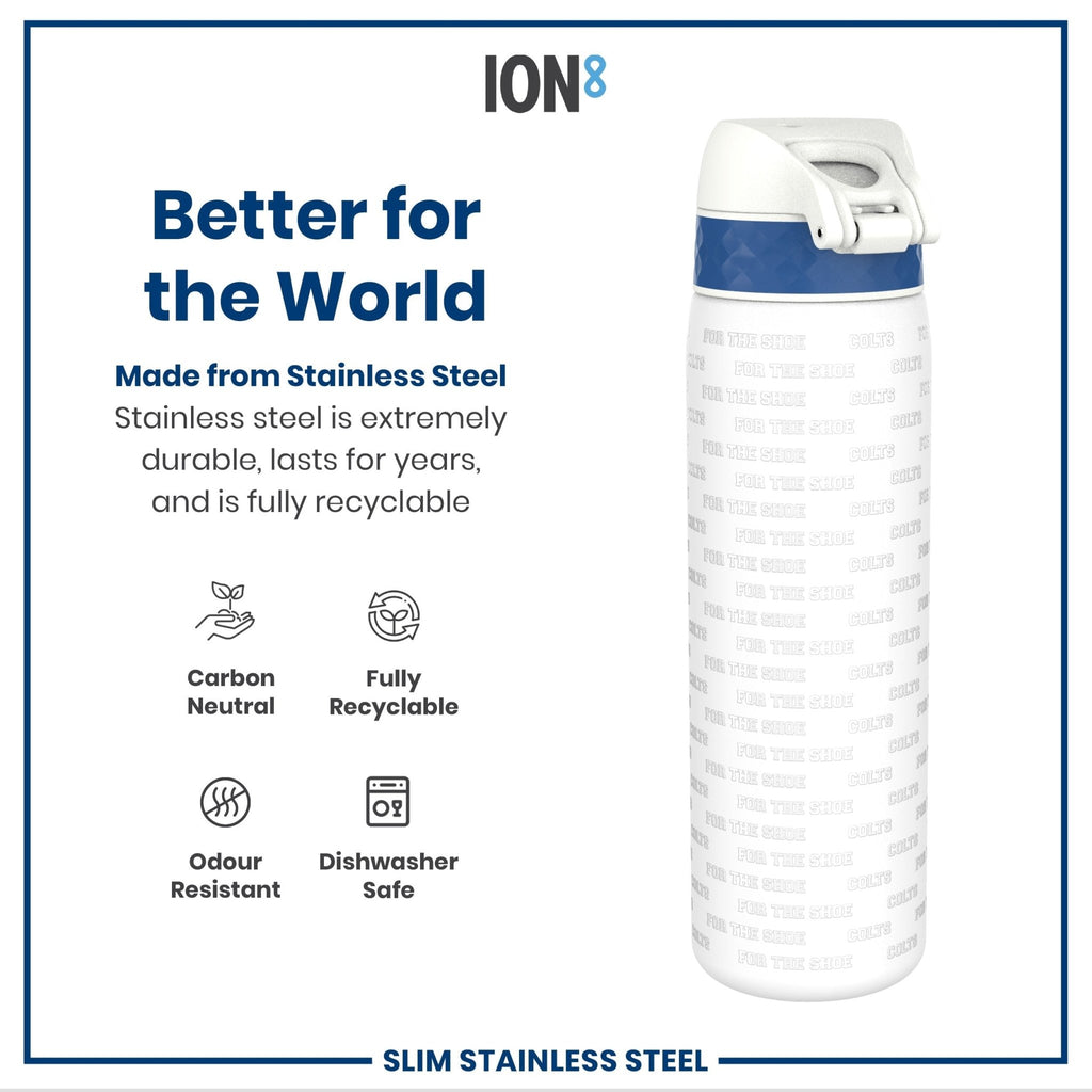 ION8 stainless steel NFL water bottle with leak-proof design, featuring Indianapolis Colts logo, 600ml (20oz) capacity.