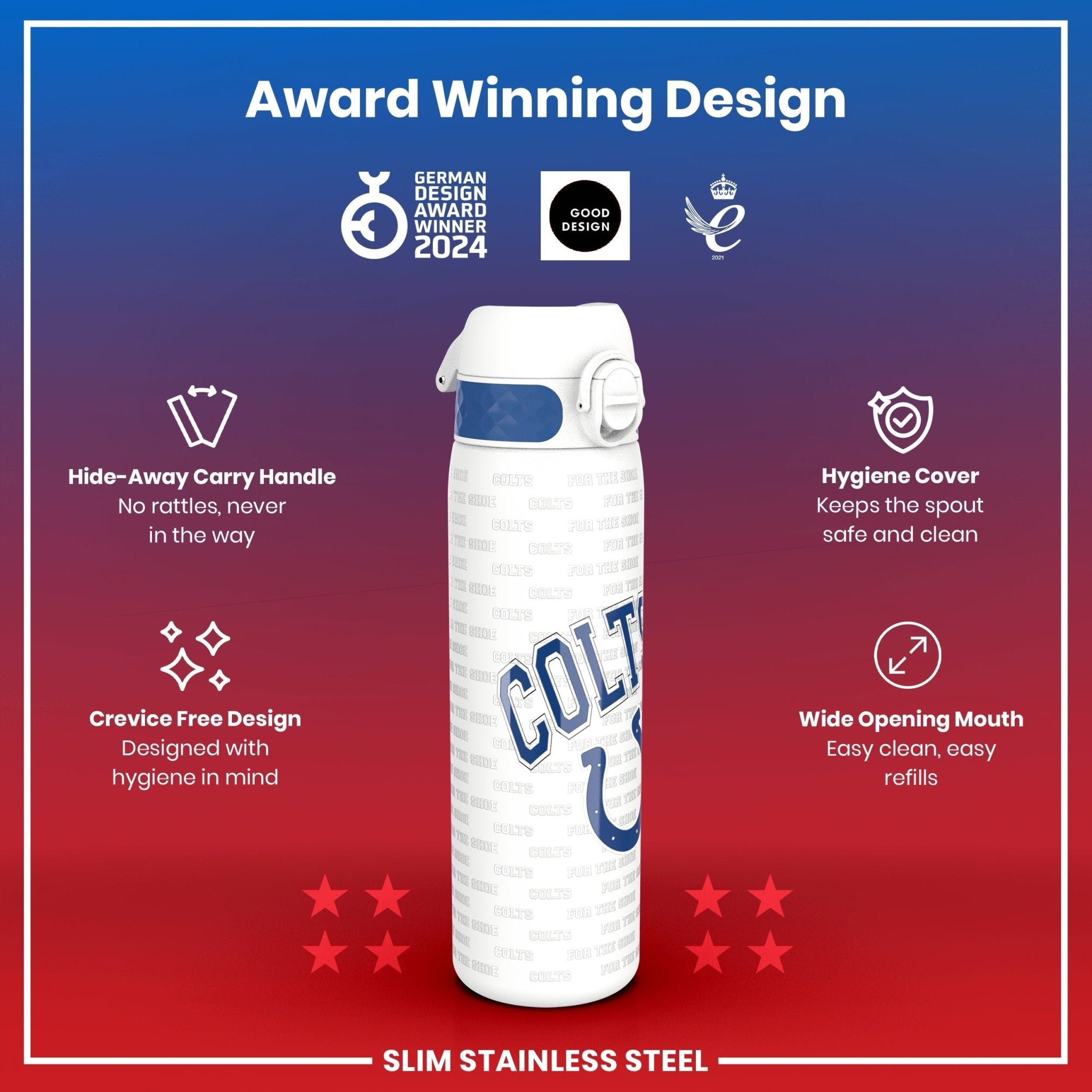 Stainless steel Leak Proof NFL water bottle featuring Indianapolis Colts logo, 600ml (20oz) capacity by ION8.