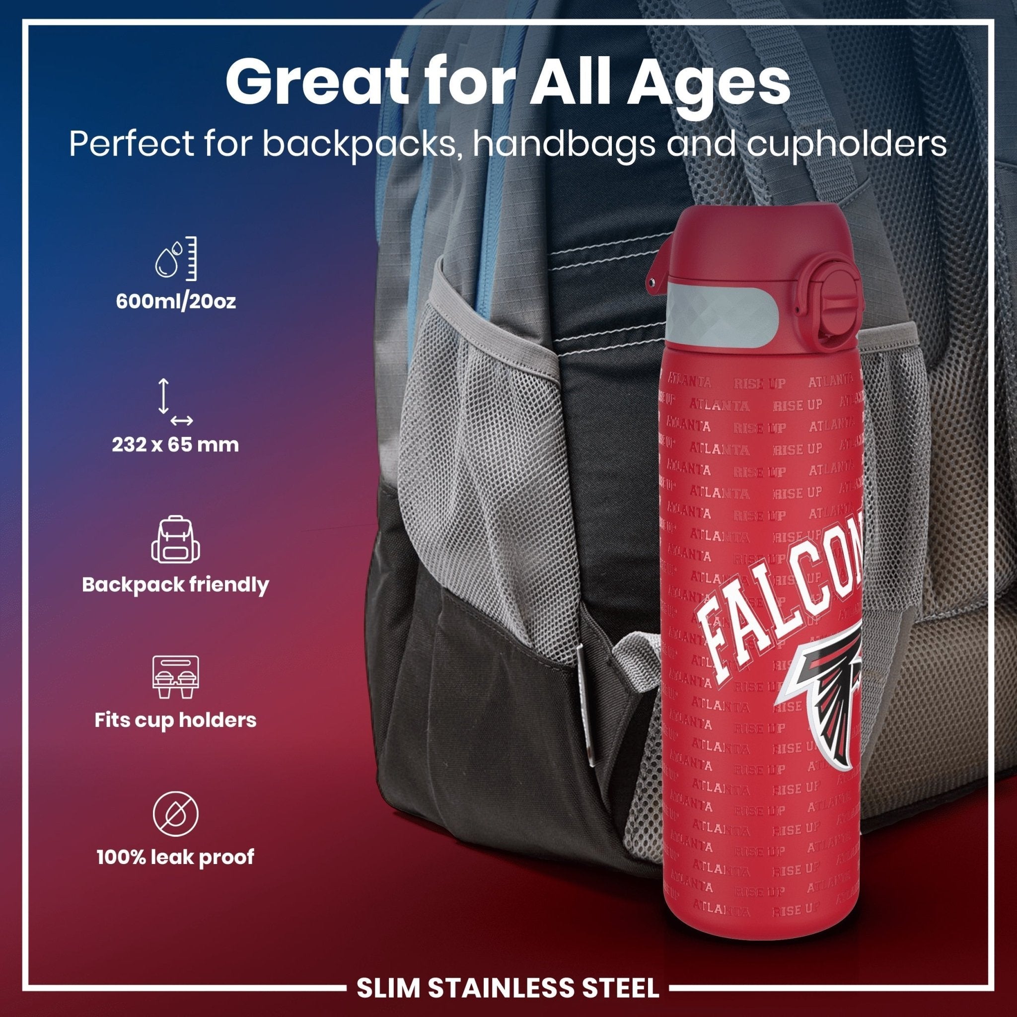 Ion8 stainless steel NFL water bottle featuring Atlanta Falcons logo, 600ml leak-proof design, perfect for sports and hydration.