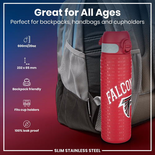 Ion8 stainless steel NFL water bottle featuring Atlanta Falcons logo, 600ml leak-proof design, perfect for sports and hydration.