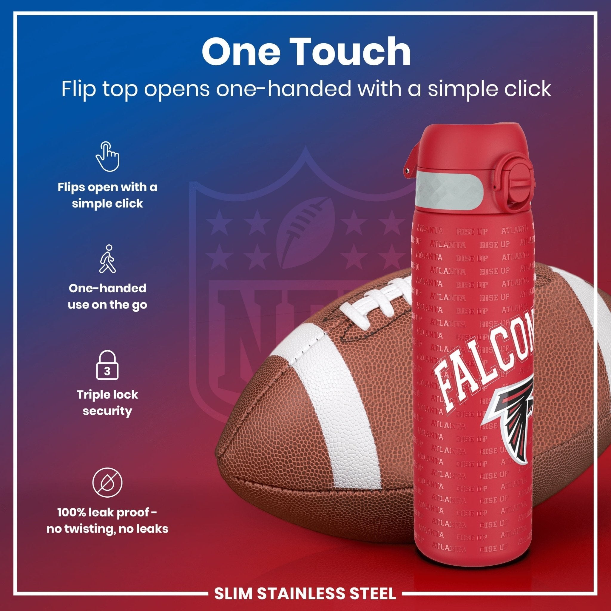 ION8 stainless steel NFL water bottle featuring Atlanta Falcons logo, leak-proof design, 600ml (20oz) capacity.