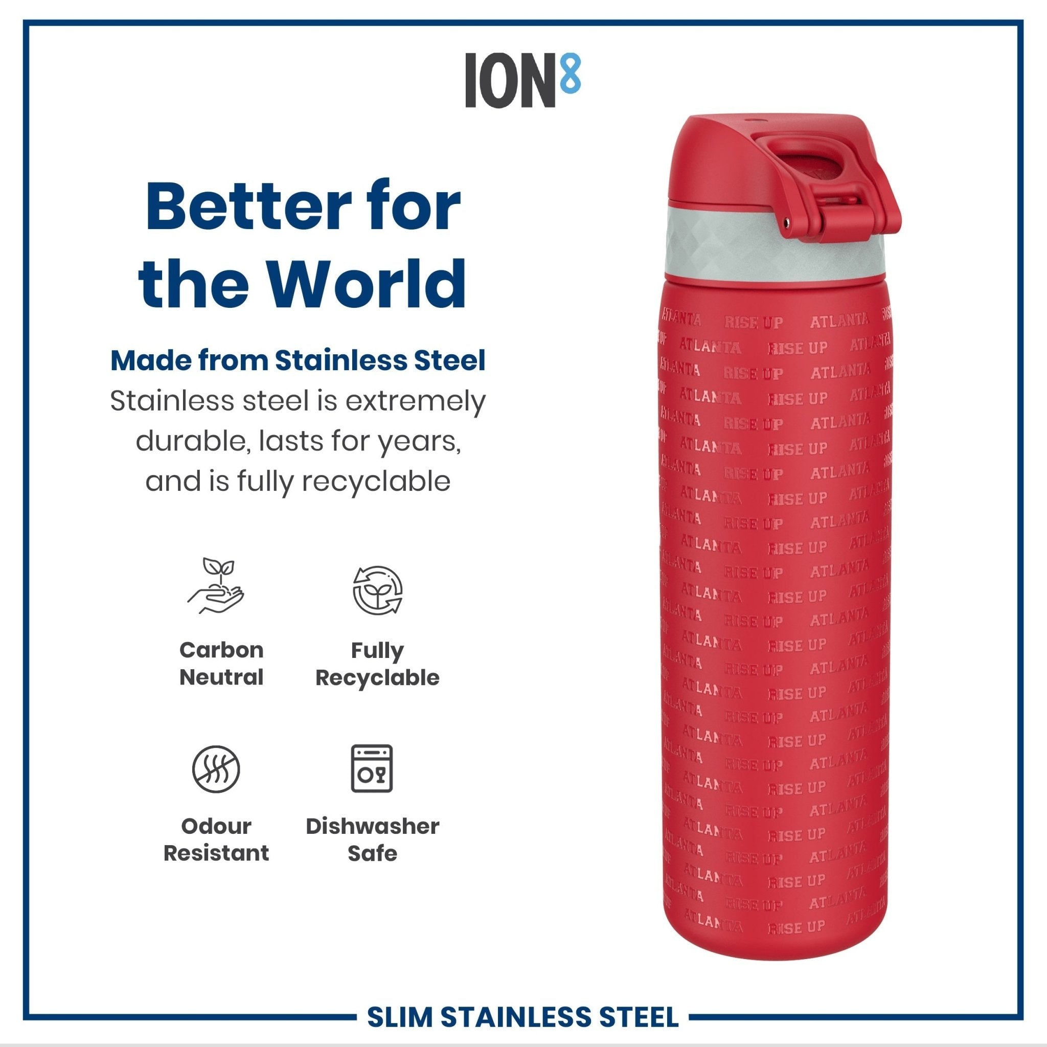 ION8 stainless steel NFL water bottle featuring Atlanta Falcons logo, 600ml leak-proof design, perfect for sports and outdoor use.