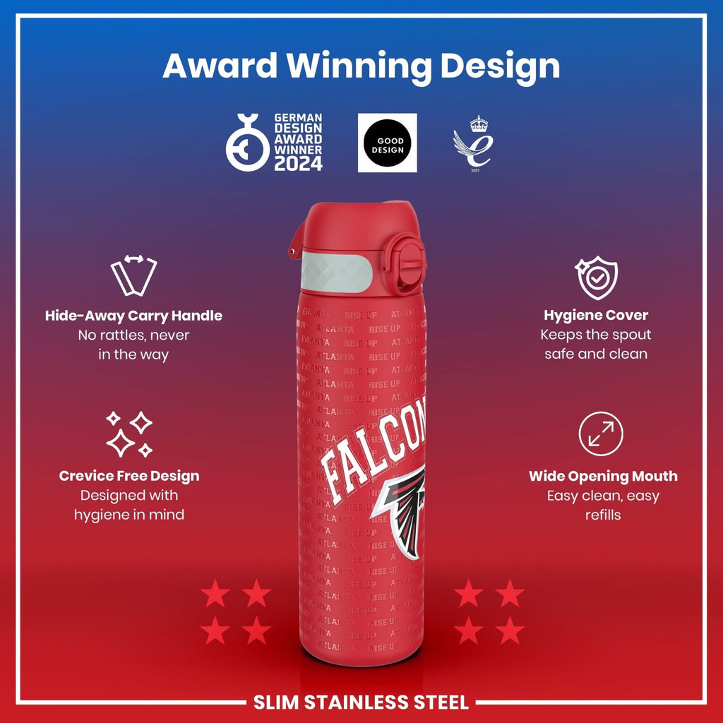 Ion8 stainless steel NFL water bottle featuring Atlanta Falcons logo, leak-proof design, 600ml capacity, durable and sports-ready.