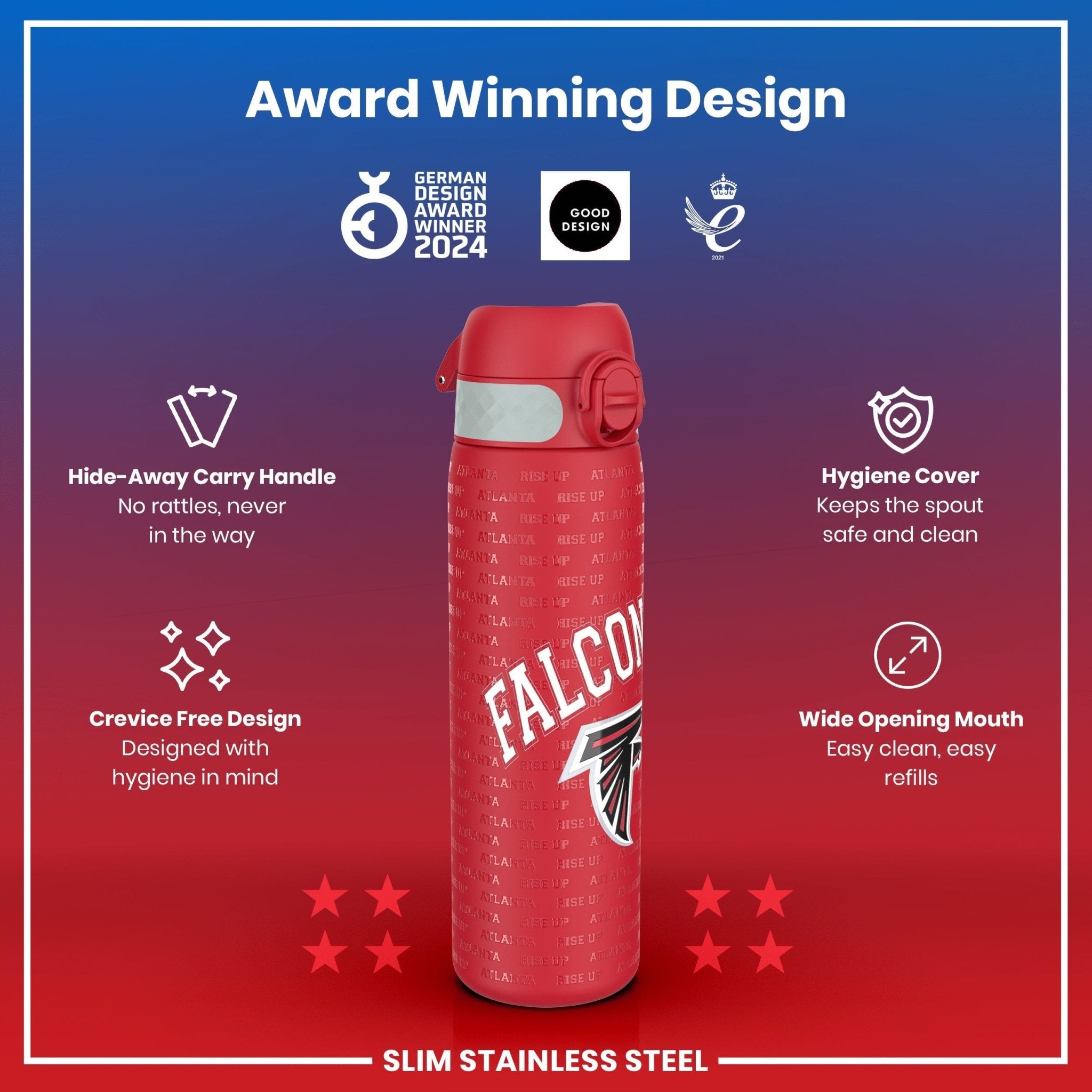 Ion8 stainless steel NFL water bottle featuring Atlanta Falcons logo, leak-proof design, 600ml capacity, durable and sports-ready.