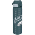 ION8 stainless steel NFL water bottle featuring Philadelphia Eagles logo, leak-proof design, 600ml (20oz) capacity.