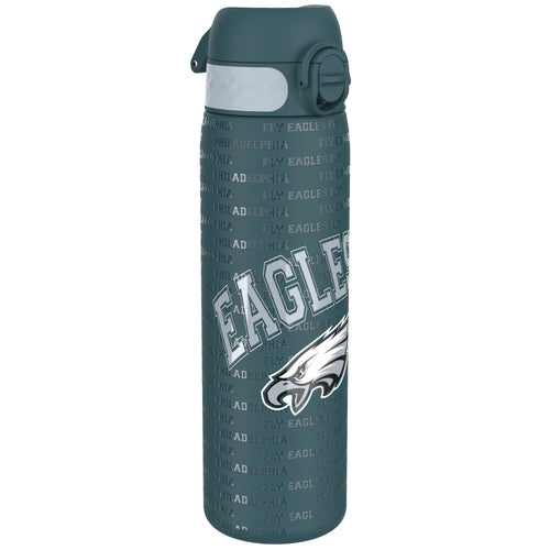 ION8 stainless steel NFL water bottle featuring Philadelphia Eagles logo, leak-proof design, 600ml (20oz) capacity.
