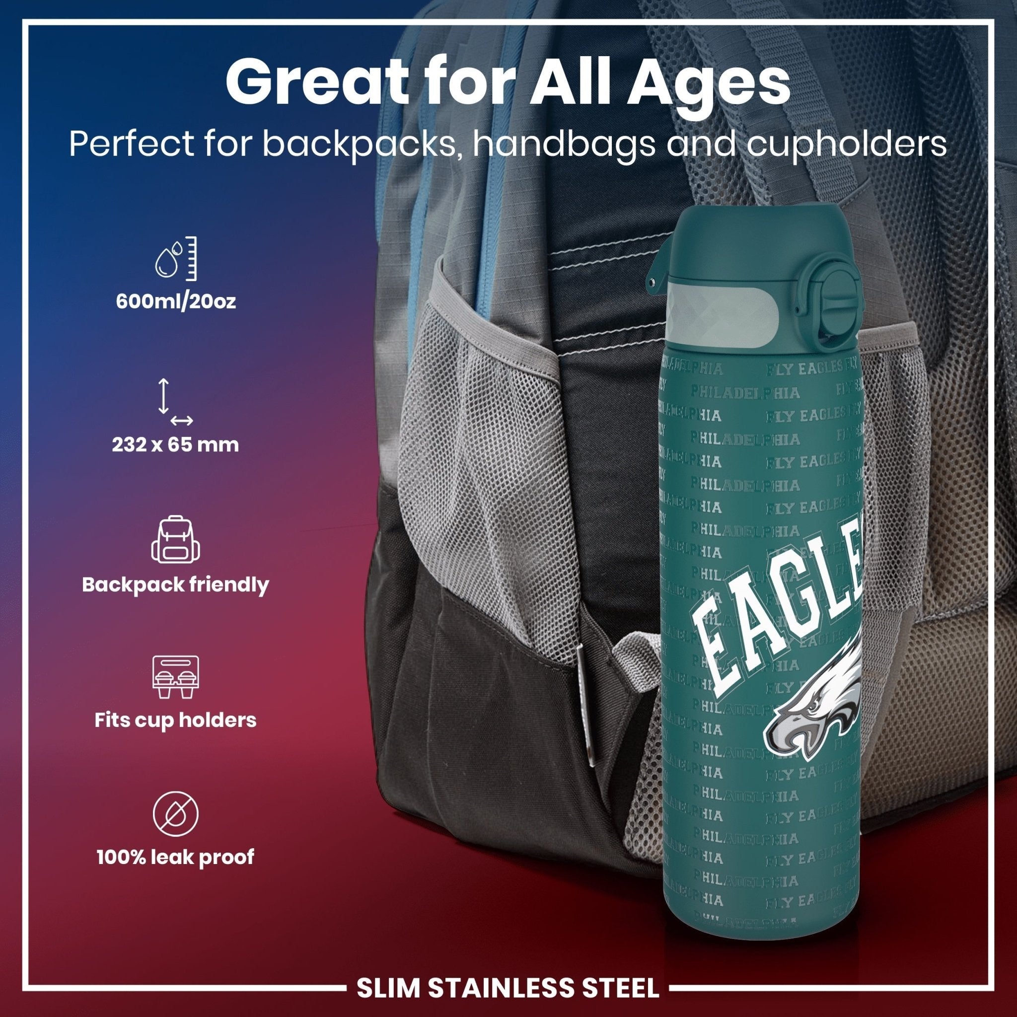 ION8 Leak Proof NFL Philadelphia Eagles stainless steel water bottle, 600ml (20oz), durable steel sports drink container.