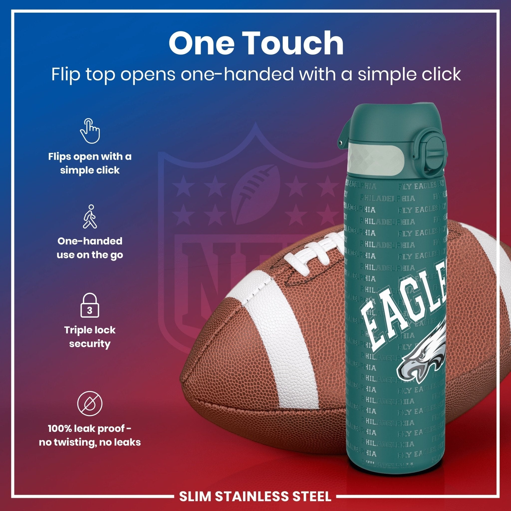 ION8 stainless steel NFL water bottle featuring Philadelphia Eagles logo, leak-proof 600ml (20oz) sports water bottle.