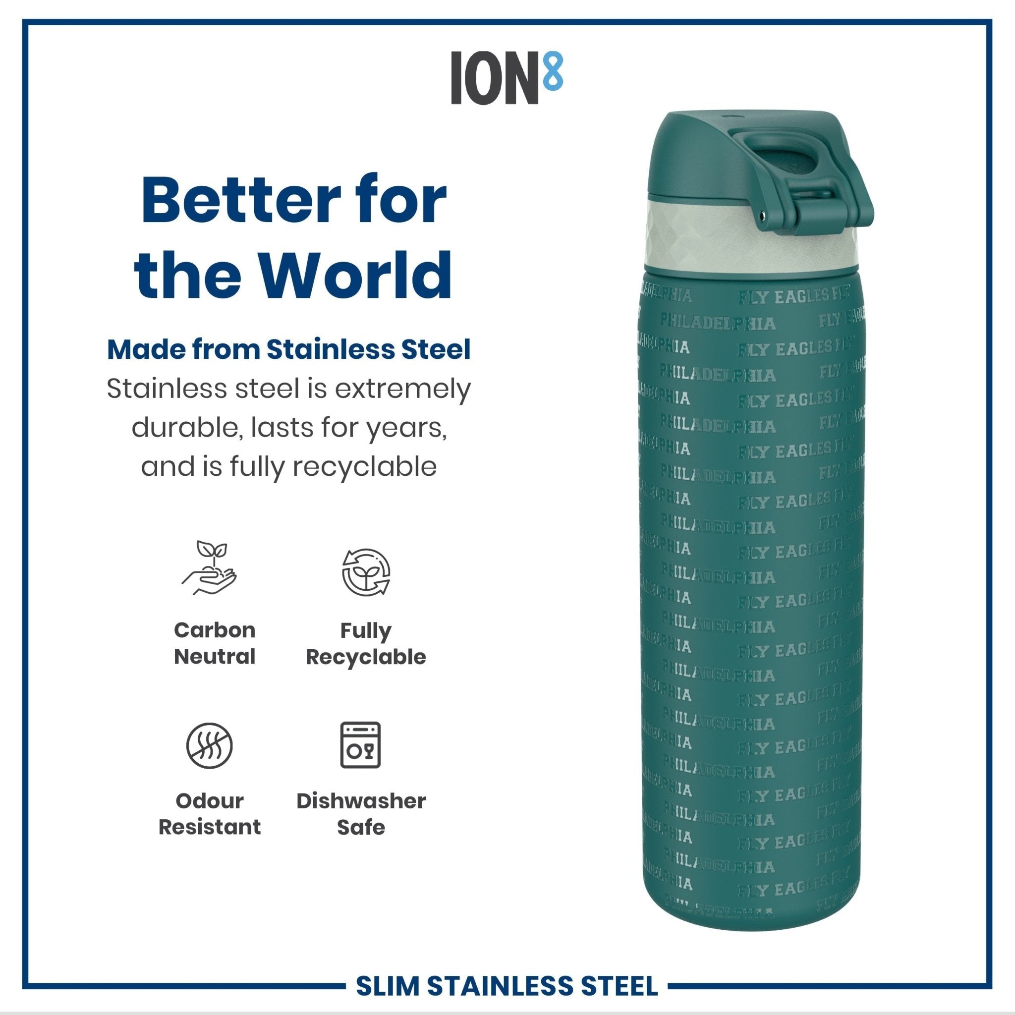 ION8 stainless steel NFL water bottle featuring Philadelphia Eagles logo, leak-proof design, 600ml capacity, durable and stylish.
