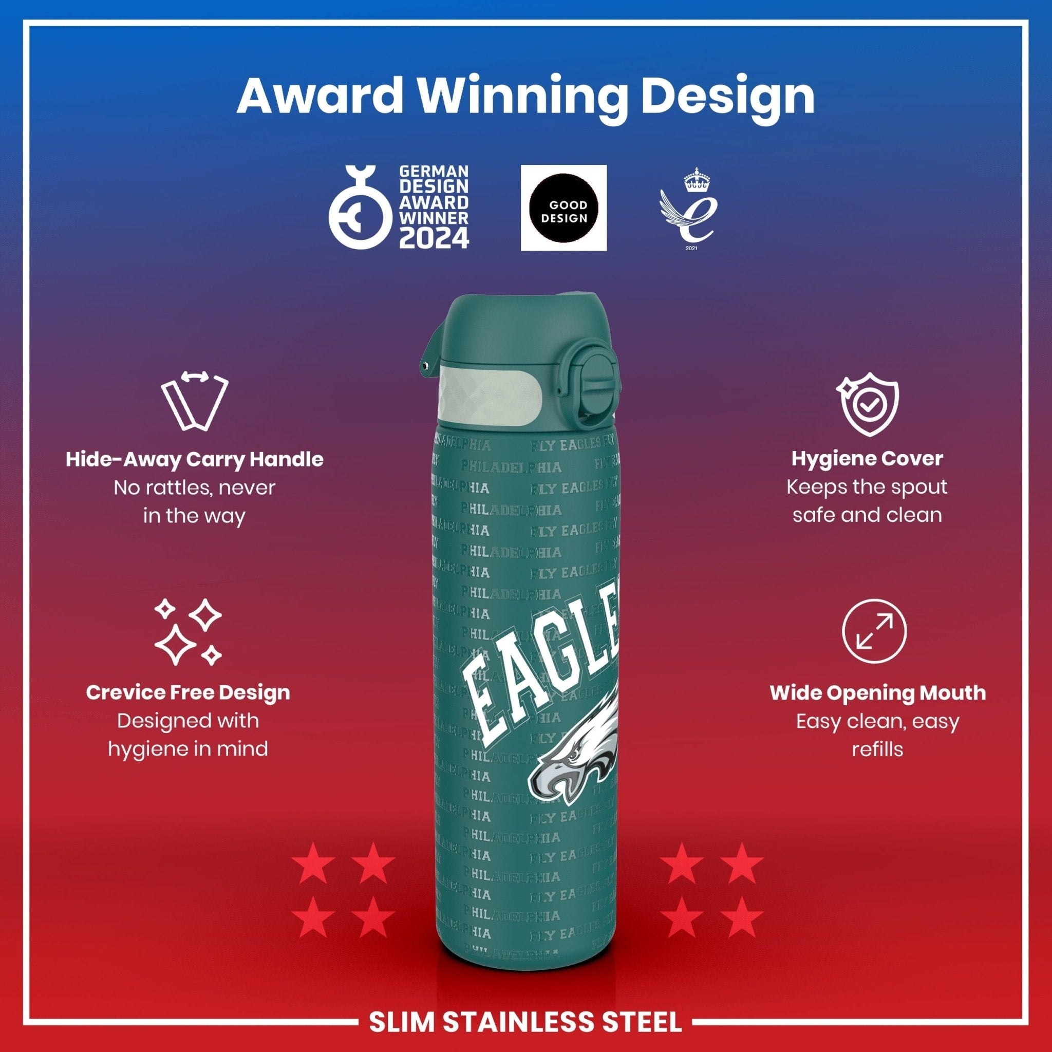 Ion8 stainless steel NFL water bottle with Philadelphia Eagles logo, leak-proof design, 600ml (20oz) capacity, sports water bottle