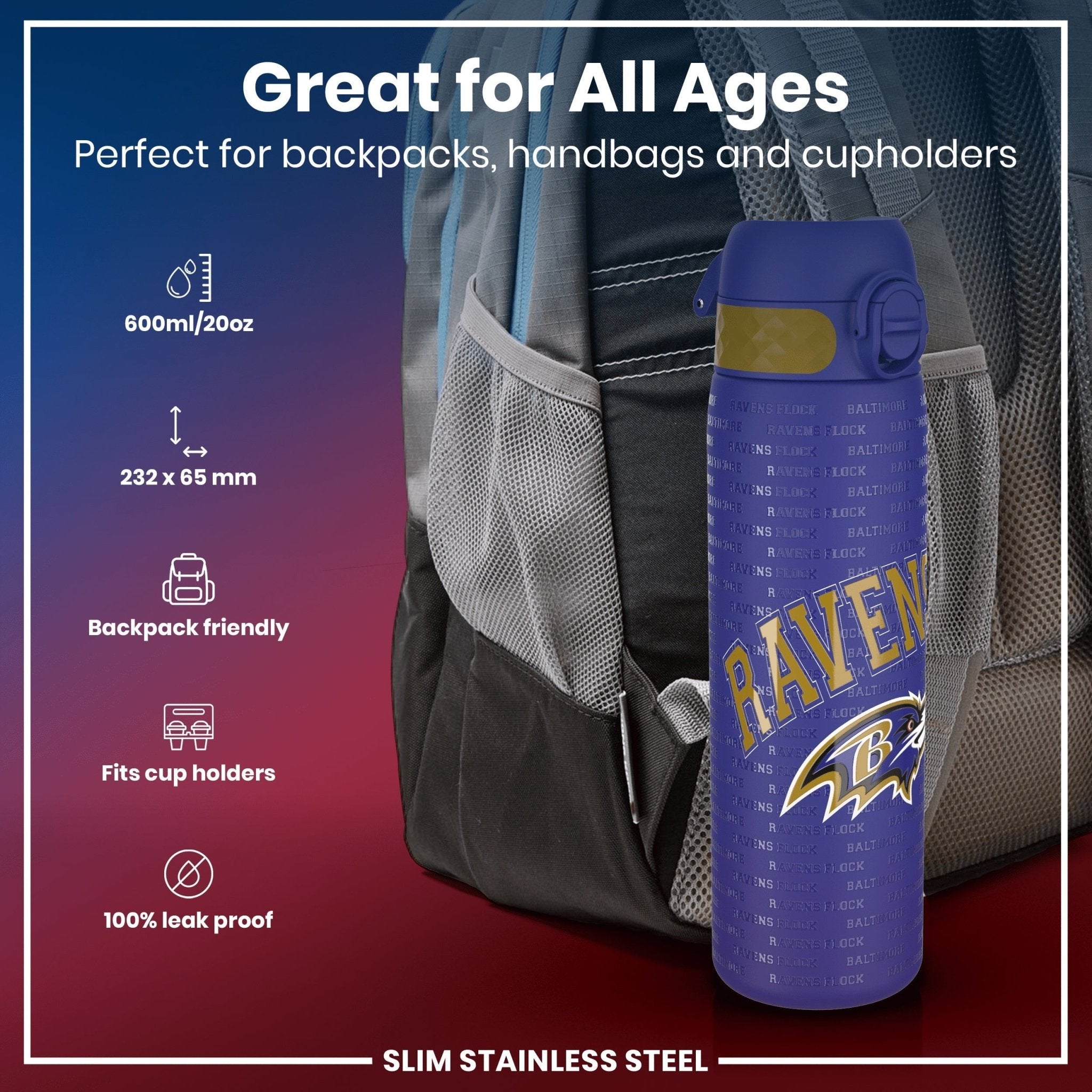 ION8 Leak Proof NFL water bottle in stainless steel featuring Baltimore Ravens logo, 600ml (20oz) capacity, durable and stylish.