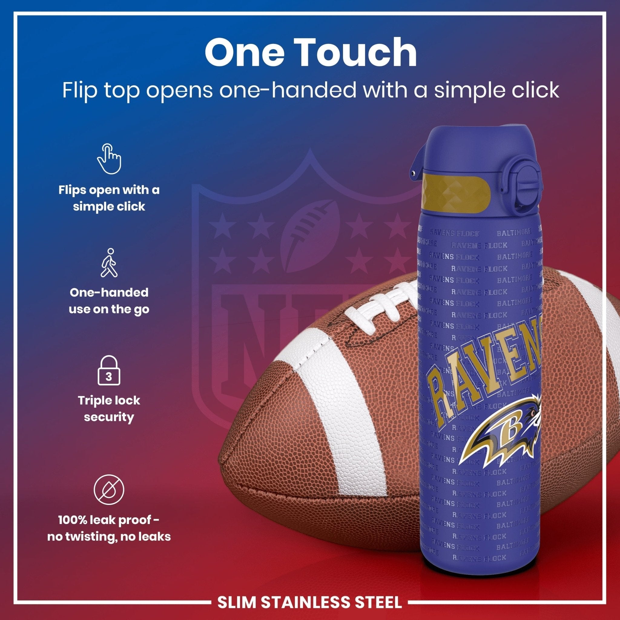 ION8 stainless steel NFL water bottle featuring Baltimore Ravens logo, leak-proof design, 600ml capacity, 20oz sports water bottle