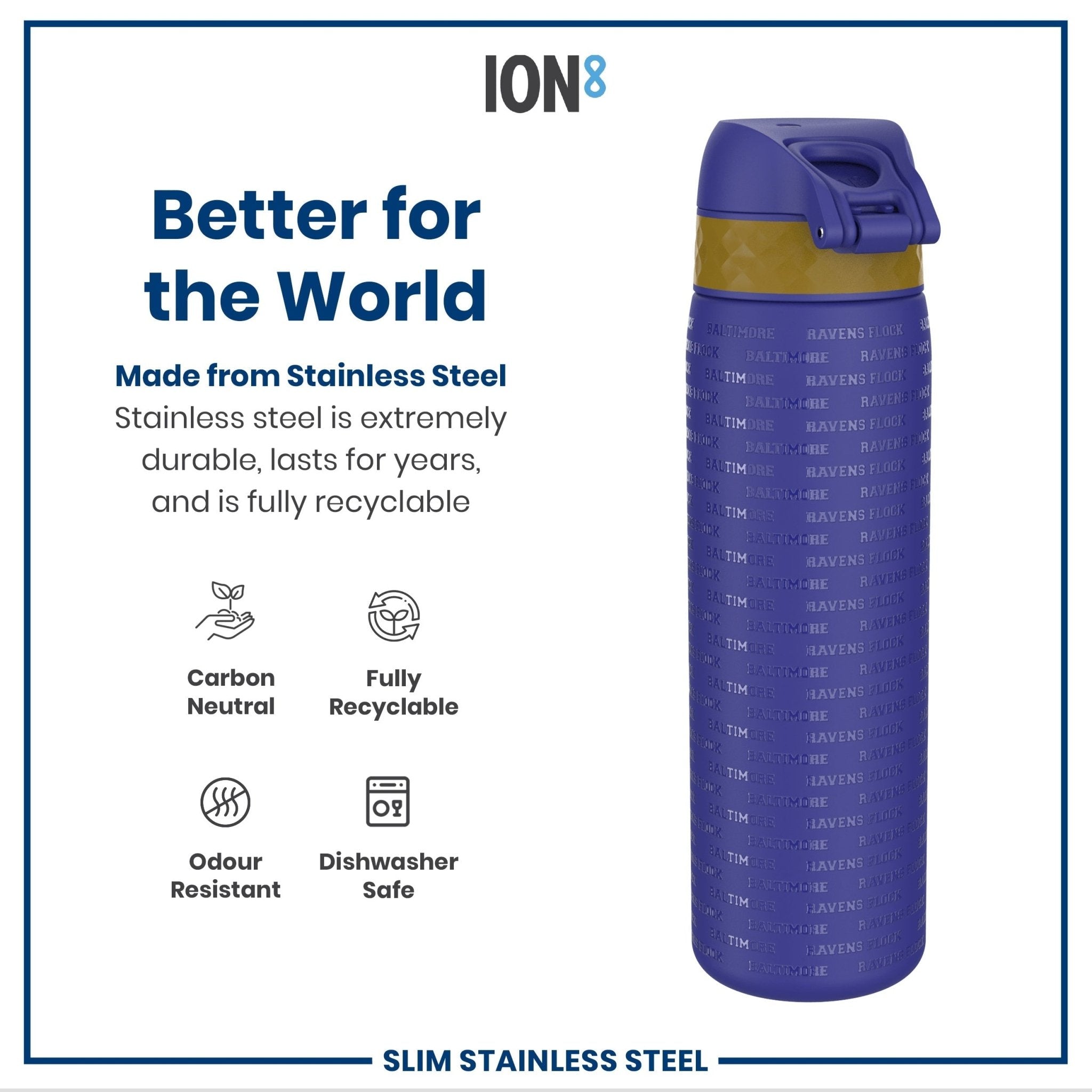 Ion8 stainless steel NFL water bottle featuring Baltimore Ravens logo, 600ml capacity, leak-proof design, ideal for sports and outdoor use.