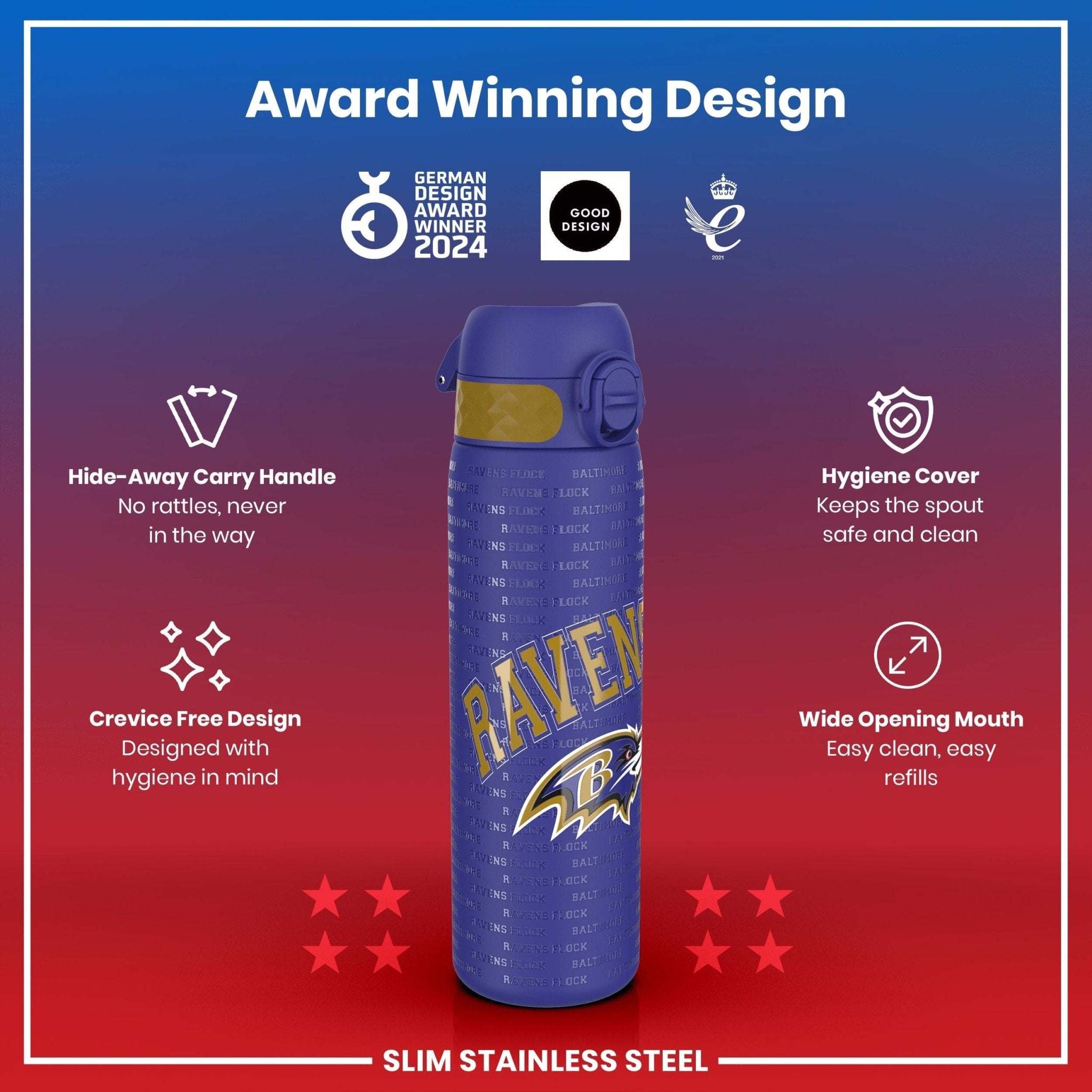 Ion8 leak-proof NFL water bottle featuring Baltimore Ravens logo, 600ml stainless steel design, ideal for sports and outdoor use.