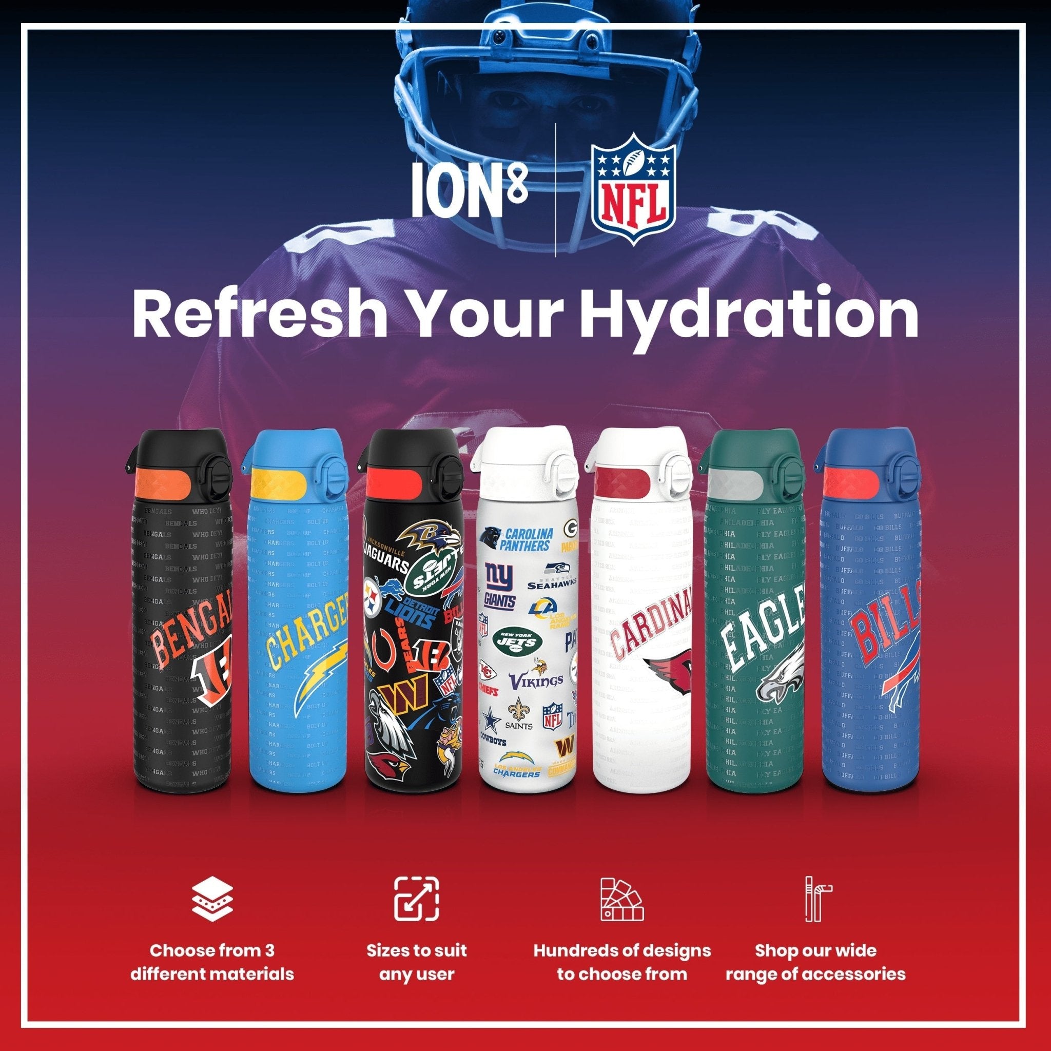 ION8 stainless steel NFL water bottle featuring Baltimore Ravens logo, leak-proof design, 600ml capacity, 20oz sports water bottle.