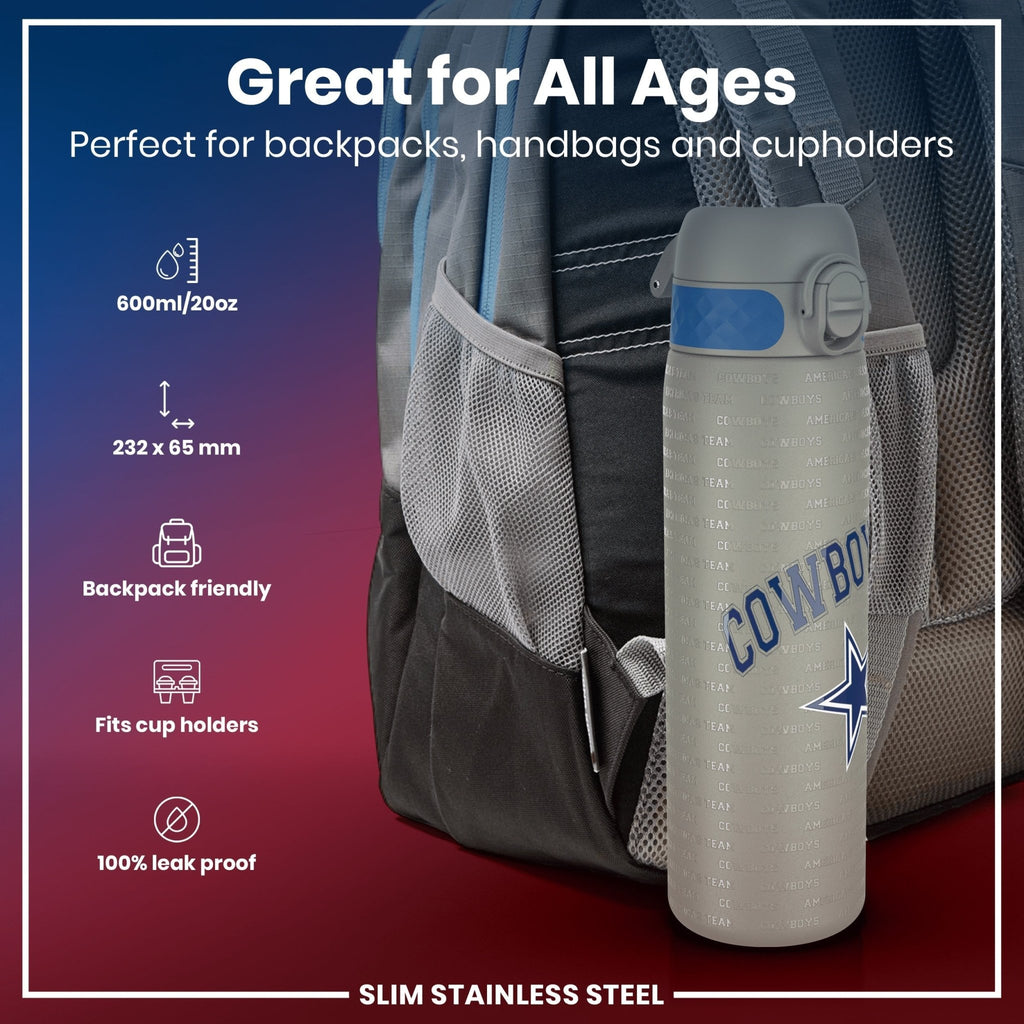 Stainless steel NFL water bottle by ION8 featuring Dallas Cowboys logo, leak-proof design, 600ml capacity, 20oz.