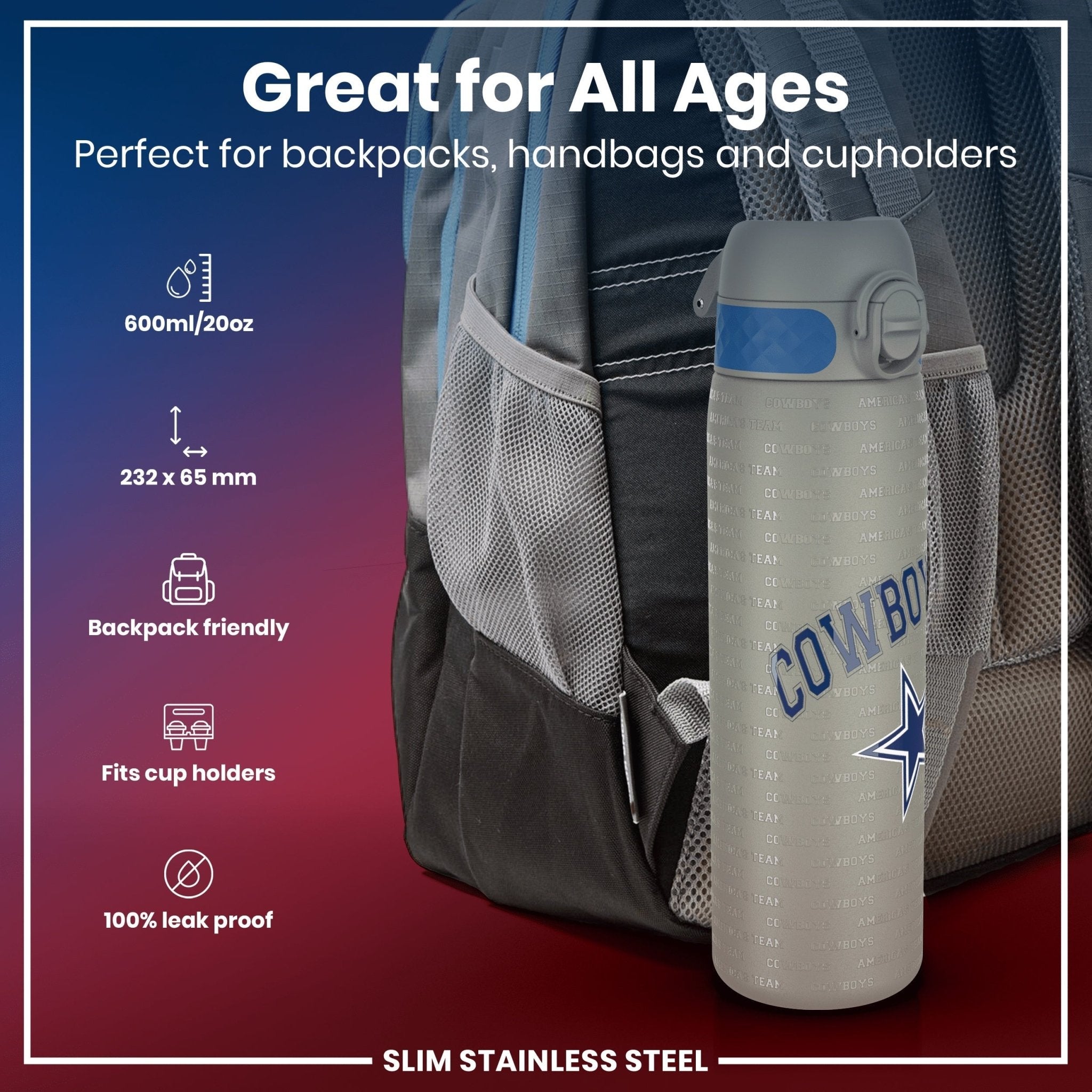Stainless steel NFL water bottle by ION8 featuring Dallas Cowboys logo, leak-proof design, 600ml capacity, 20oz.