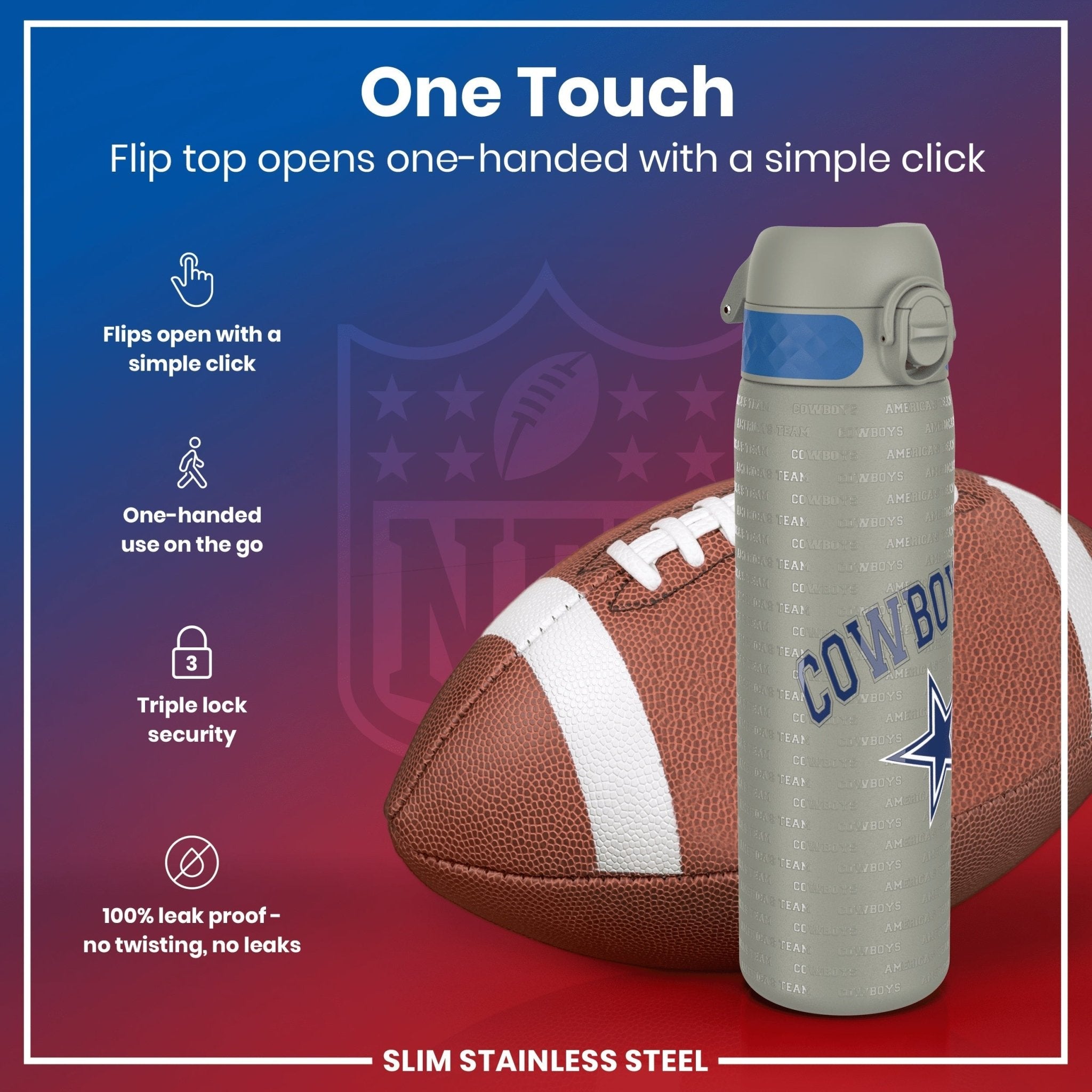ION8 Dallas Cowboys stainless steel water bottle, 600ml leak-proof NFL water bottle, durable steel sports bottle with Cowboys logo