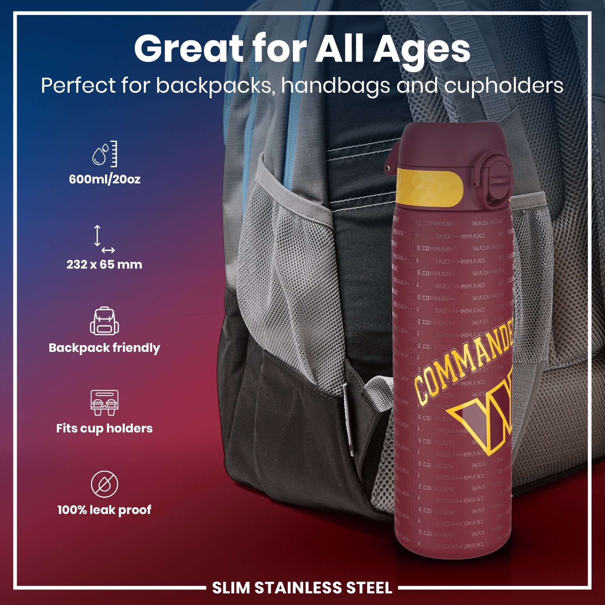 ION8 stainless steel NFL water bottle featuring Washington Commanders logo, leak-proof design, 600ml capacity, 20oz.