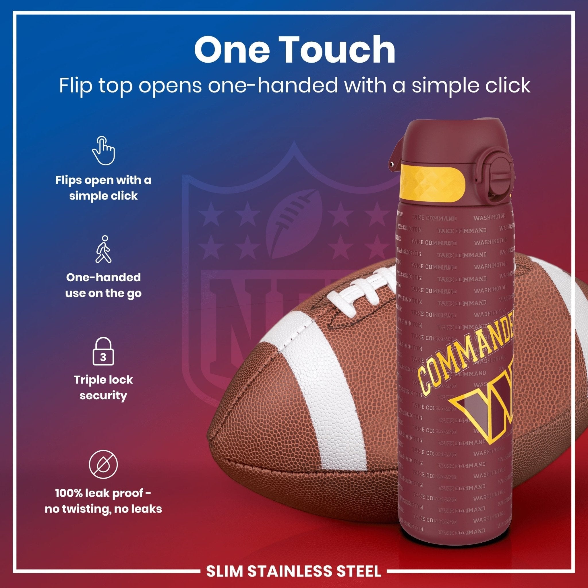 ION8 stainless steel NFL water bottle featuring Washington Commanders logo, 600ml leak-proof design, durable sports water bottle
