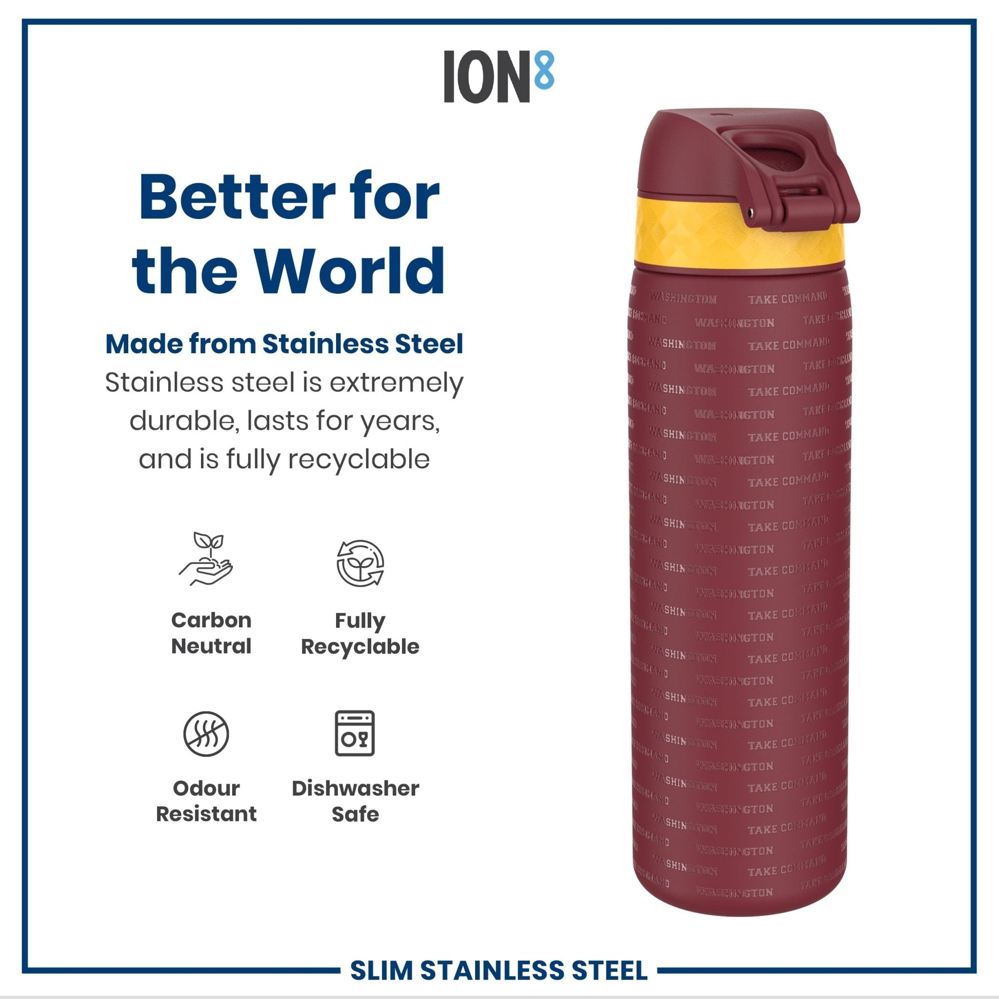ION8 stainless steel NFL water bottle featuring Washington Commanders logo, leak-proof design, 600ml capacity, and durable construction.