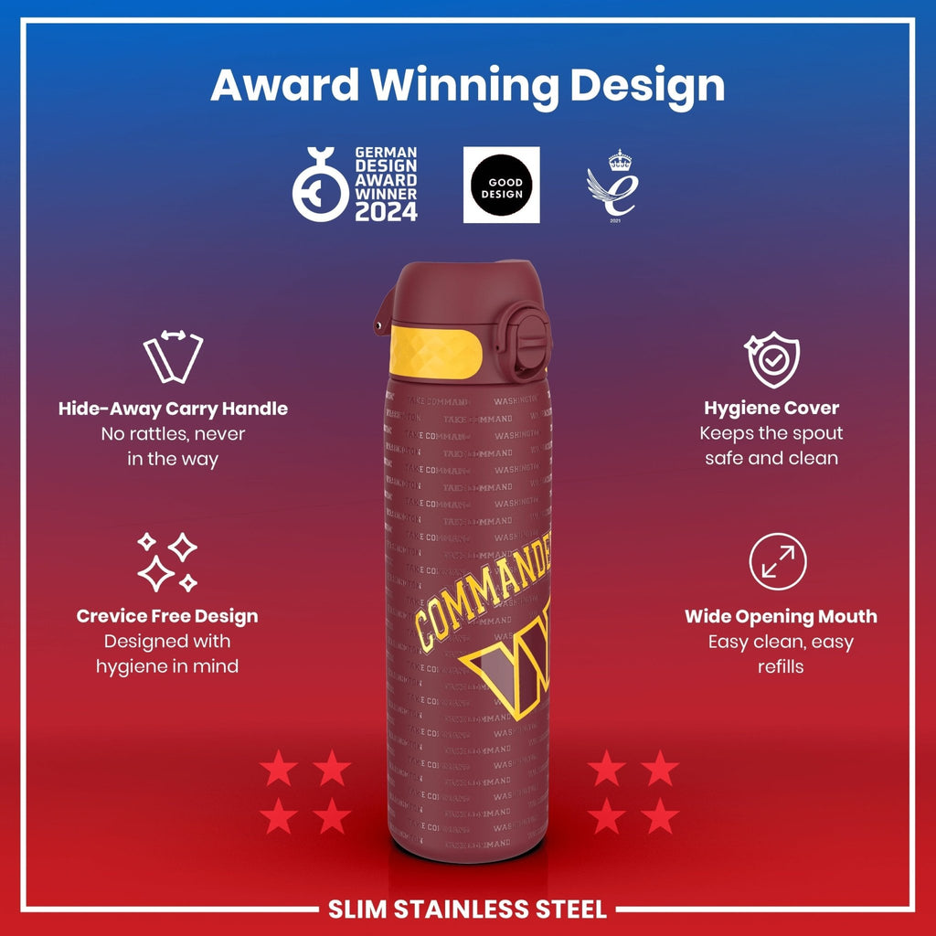 ION8 leak-proof NFL water bottle featuring Washington Commanders logo, stainless steel, 600ml (20oz) capacity, durable design.