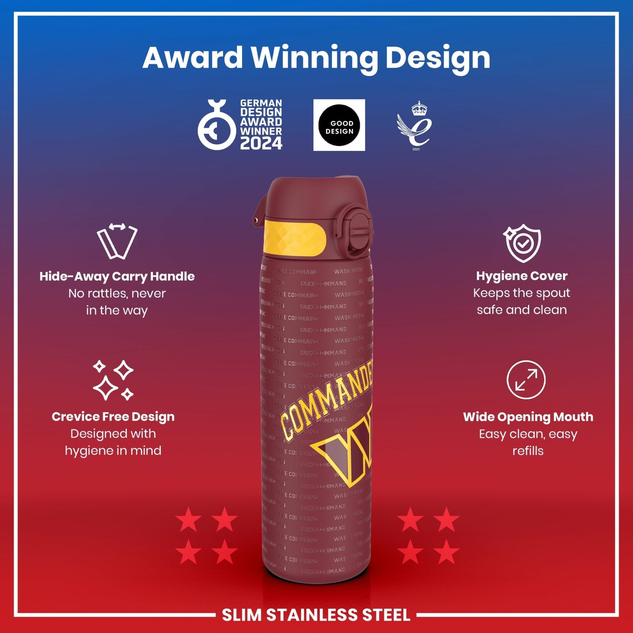 ION8 leak-proof NFL water bottle featuring Washington Commanders logo, stainless steel, 600ml (20oz) capacity, durable design.