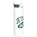 ION8 stainless steel NFL water bottle featuring New York Jets logo, leak-proof design, 600ml capacity, durable and portable.