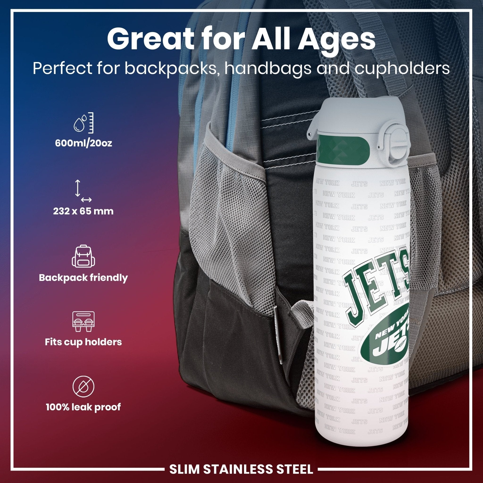 ION8 leak-proof NFL water bottle featuring New York Jets logo, stainless steel 600ml (20oz) sports water bottle.
