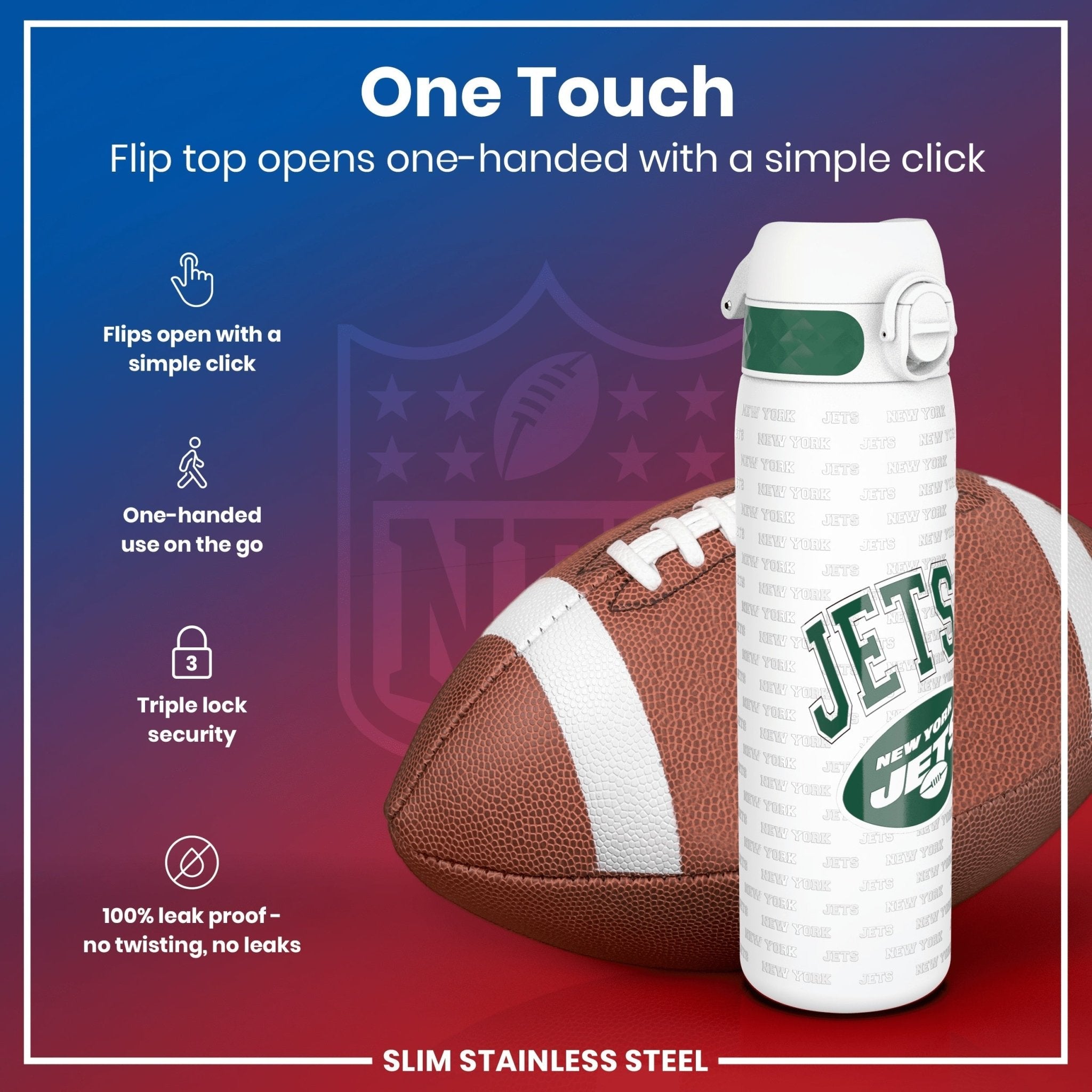 ION8 stainless steel NFL water bottle featuring New York Jets logo, 600ml leak-proof design, ideal for sports and outdoor use.