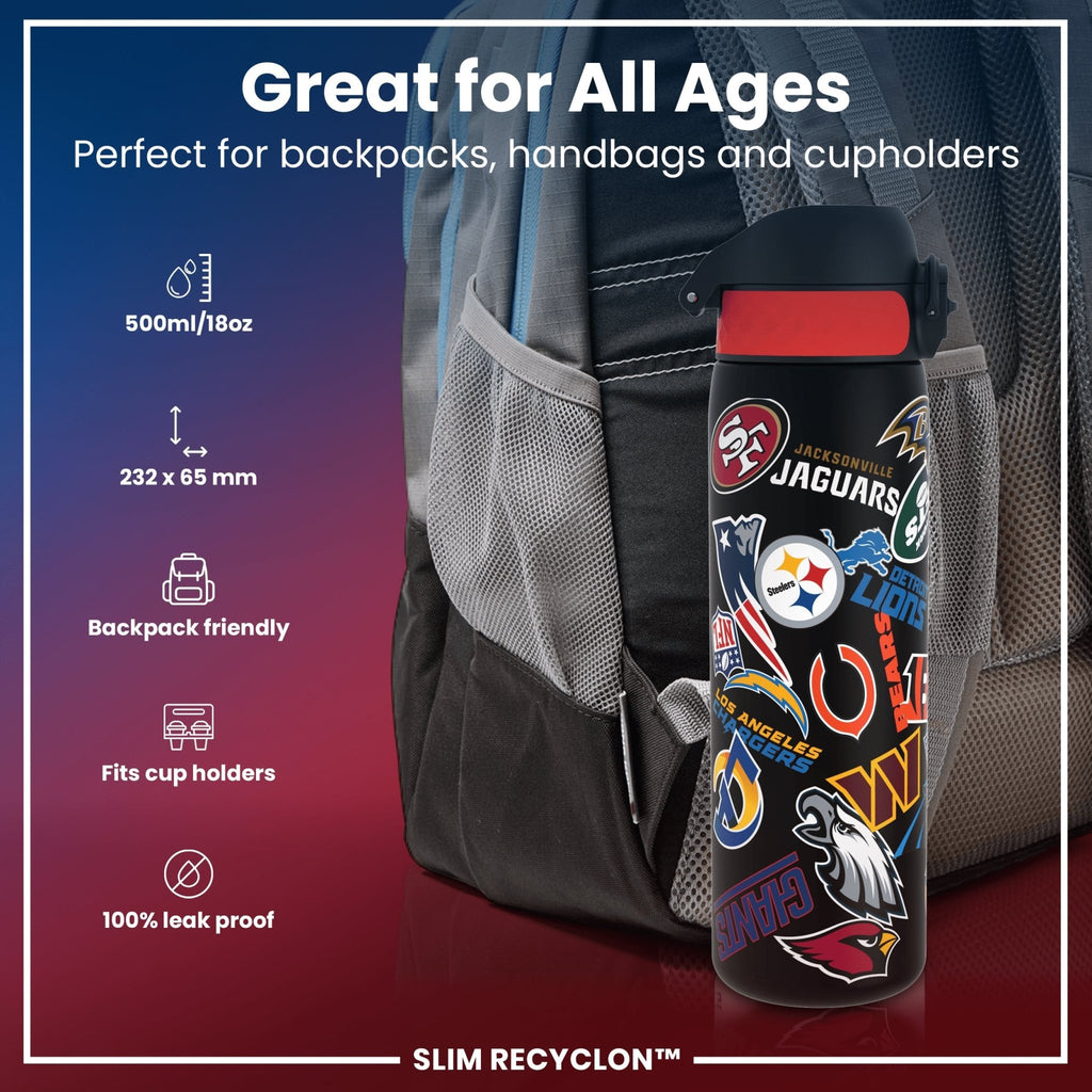 ION8 Leak Proof NFL Recyclon water bottle with patch logos, 500ml (18oz), featuring a clear body and sports-themed design.