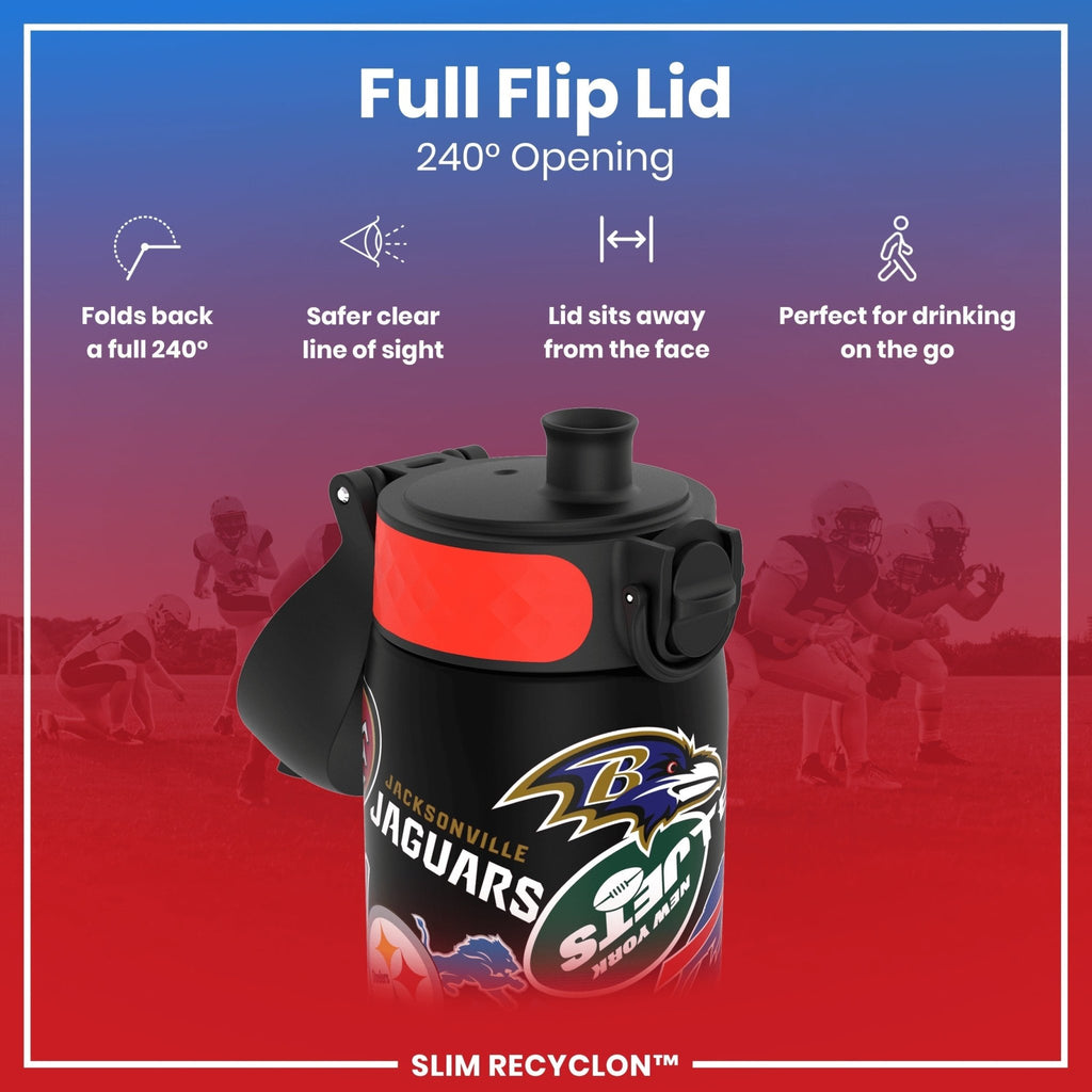 ION8 Recyclon NFL leak-proof water bottle with patch logos, 500ml (18oz), durable and recyclable sports hydration bottle.