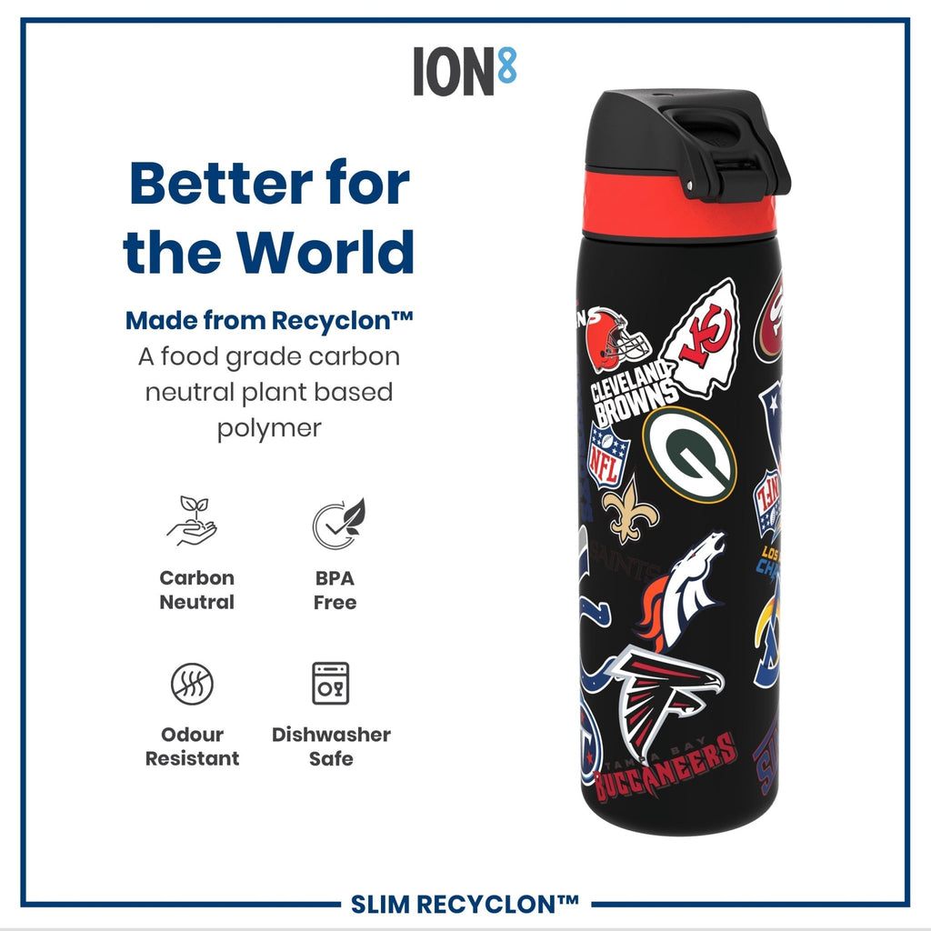 ION8 Leak Proof NFL Recyclon water bottle with patch logos, 500ml (18oz), showing the bottle with NFL team patches.