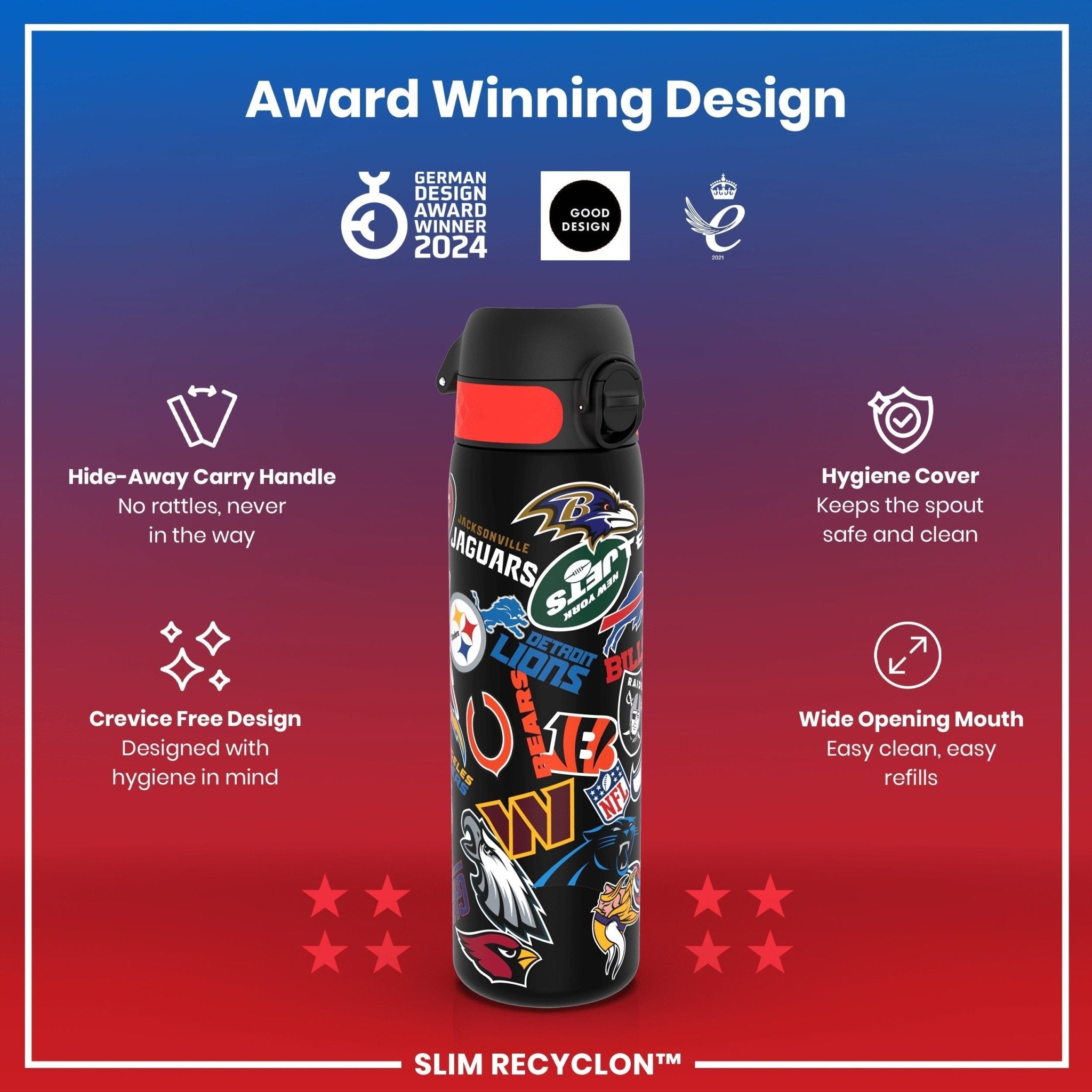 Ion8 leak-proof NFL water bottle with patch logos, 500ml (18oz) Recyclon design, durable and recyclable sports hydration bottle.